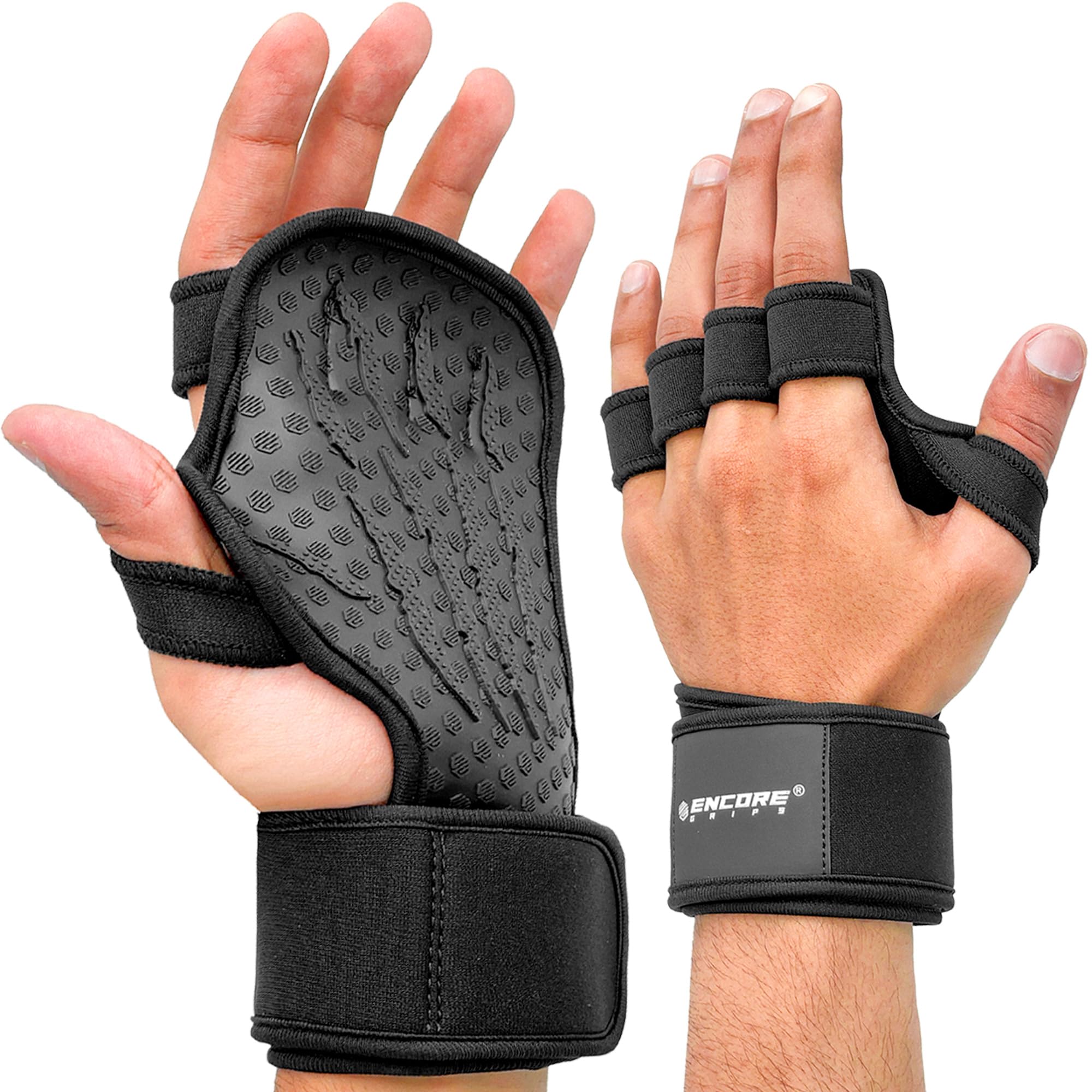 Encore Grips Grip Pads Weight Training Men & Women - Fitness Gloves Alternative Open, 3D Rubber Non-Slip Surface, Palm Protection, Wrist Brace - Gym, Crossfit, Pull-Ups (Black, XS)