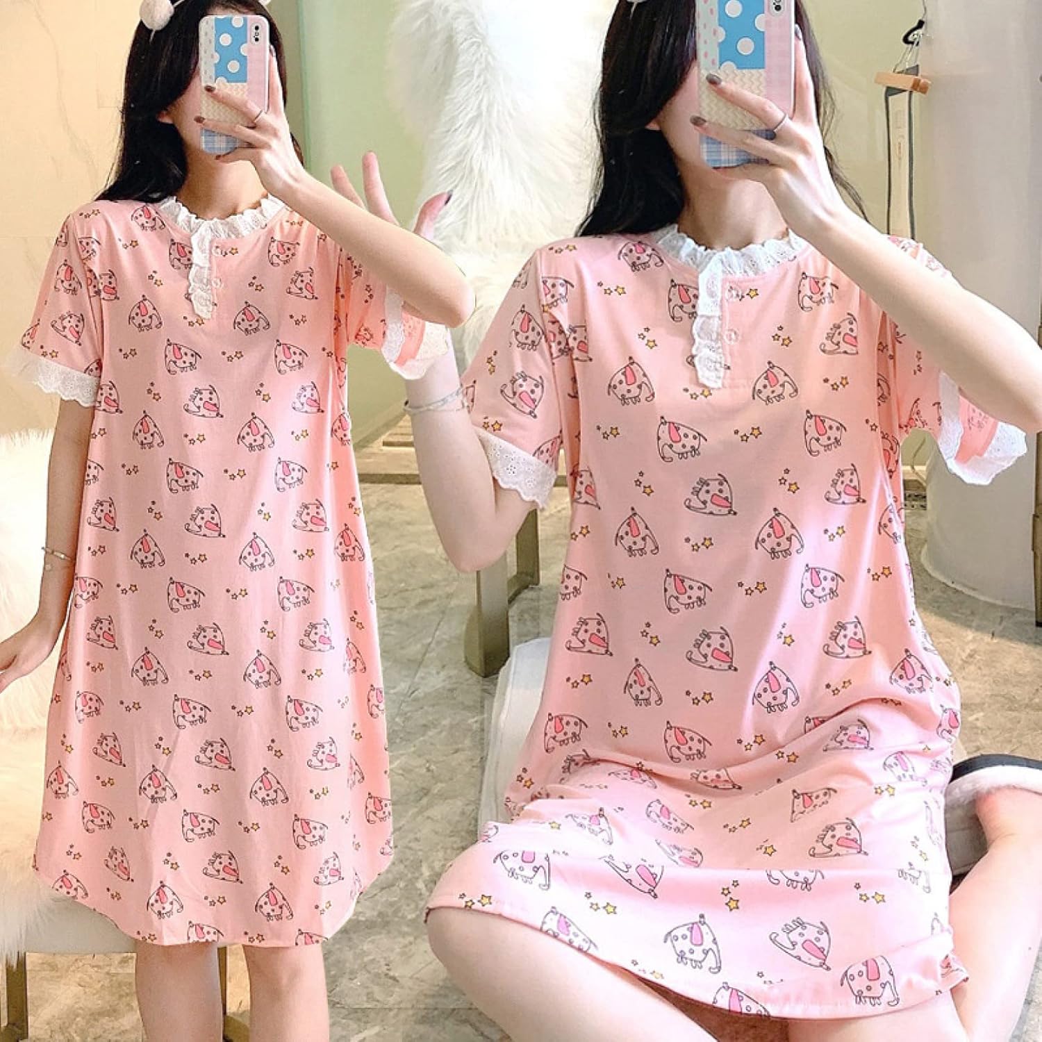 [シュウカ] ネグリジェ レディース M 春夏 綿 レース Yピンク ルームウェア 無地 可愛い 薄手 ロング Vネック 半袖 襟な