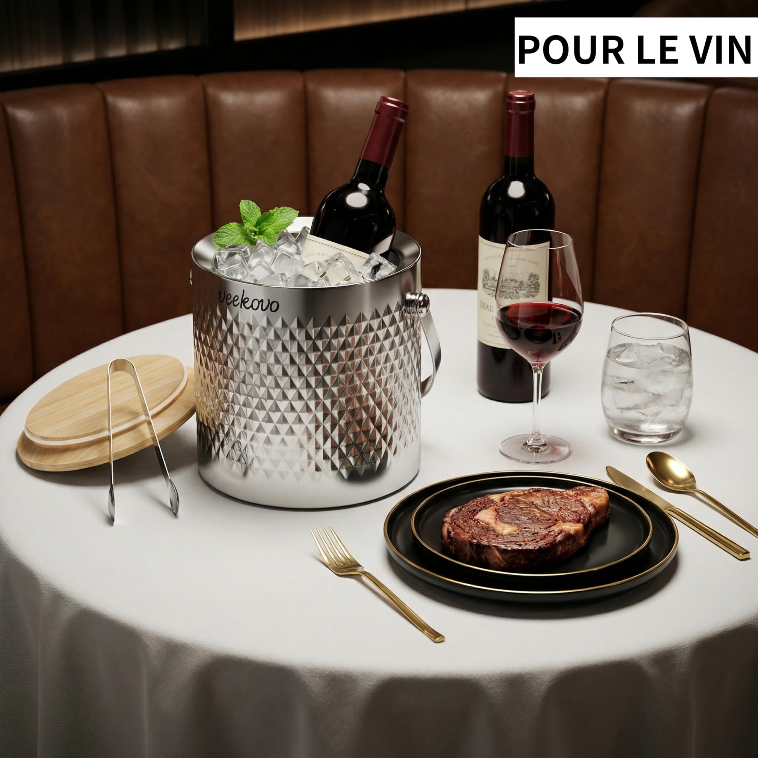 3.2L Seau à Glace Isotherme Avec couvercle et clip, Seau à Glace en Double Paroi en Acier Inoxydable, Rafraîchisseur Champagne pour Bouteille Bar Anniversaires Fêtes Pique-niques (Motif losange)