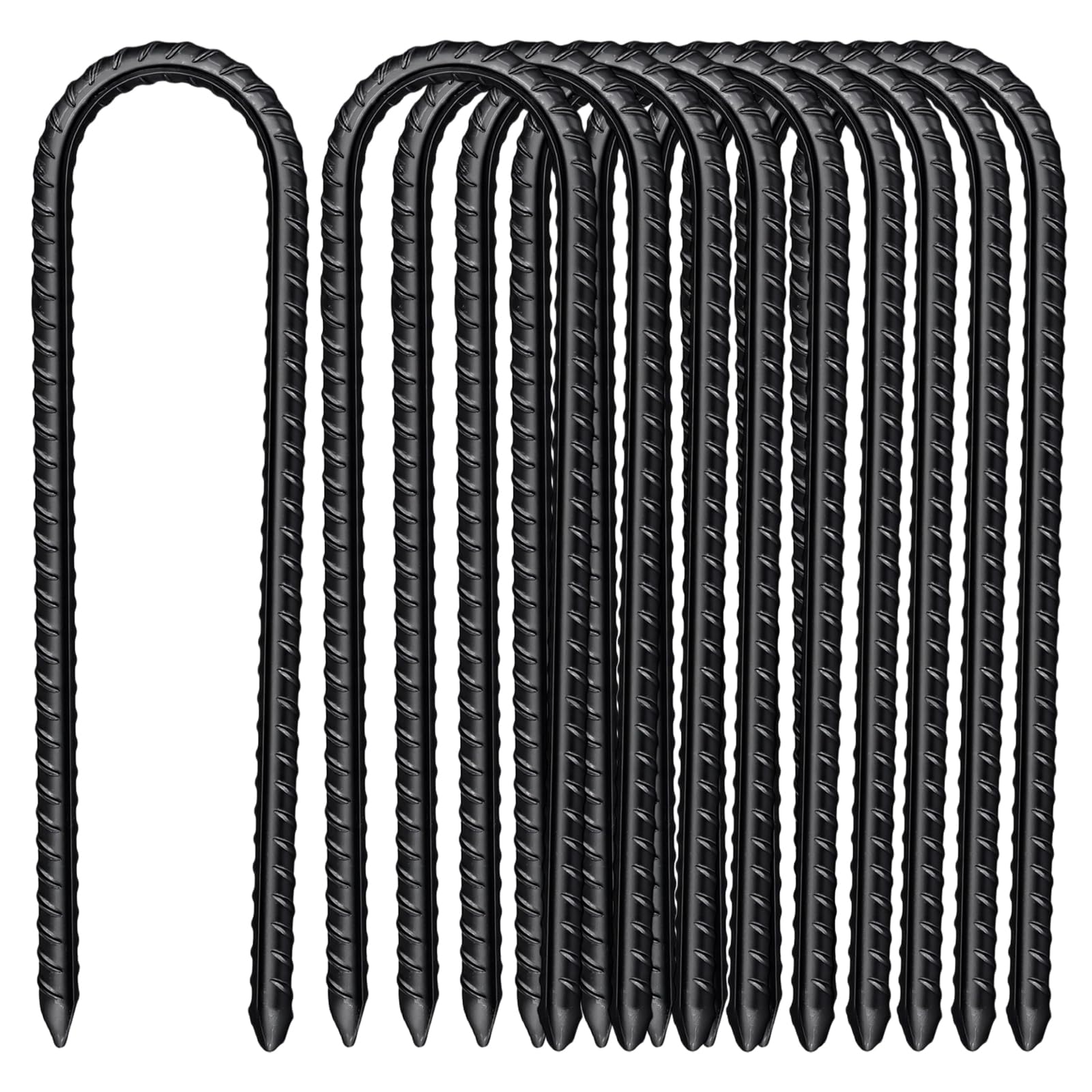 LEXININ 12 Pcs 8 Inch Black Trampoline Rebar Tent Pegs, 20cm Heavy Duty U Shaped Ground Anchor Stakes for Swing Football Garden Camping