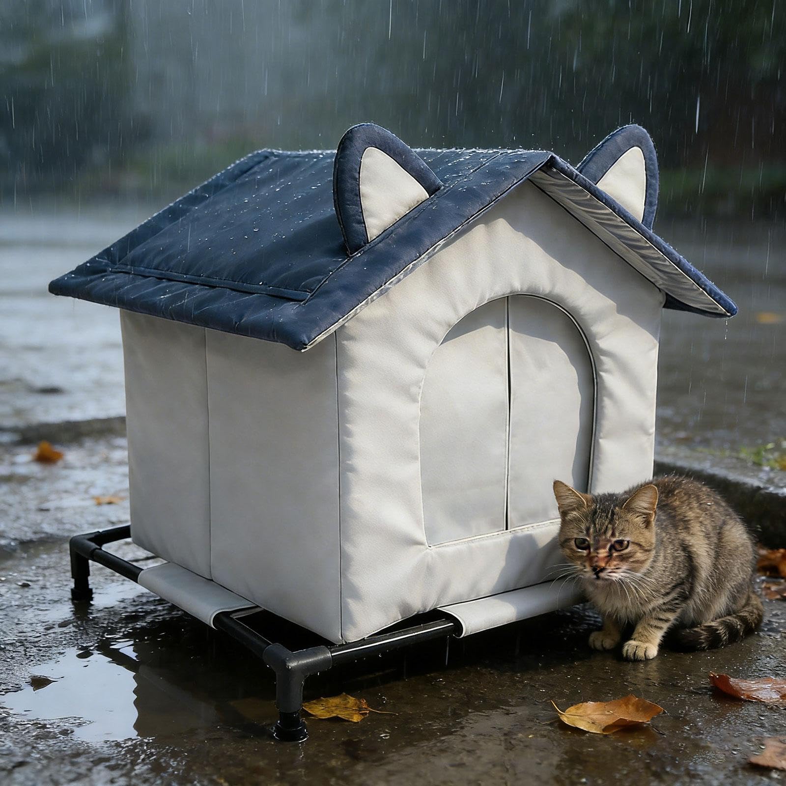 Outdoor Stray Cat House con Isolamento Termico Casa per Gatti Randagi in Tessuto Oxford Impermeabile Dotata di Tenda Antivento per Protezione Invernal, Medio