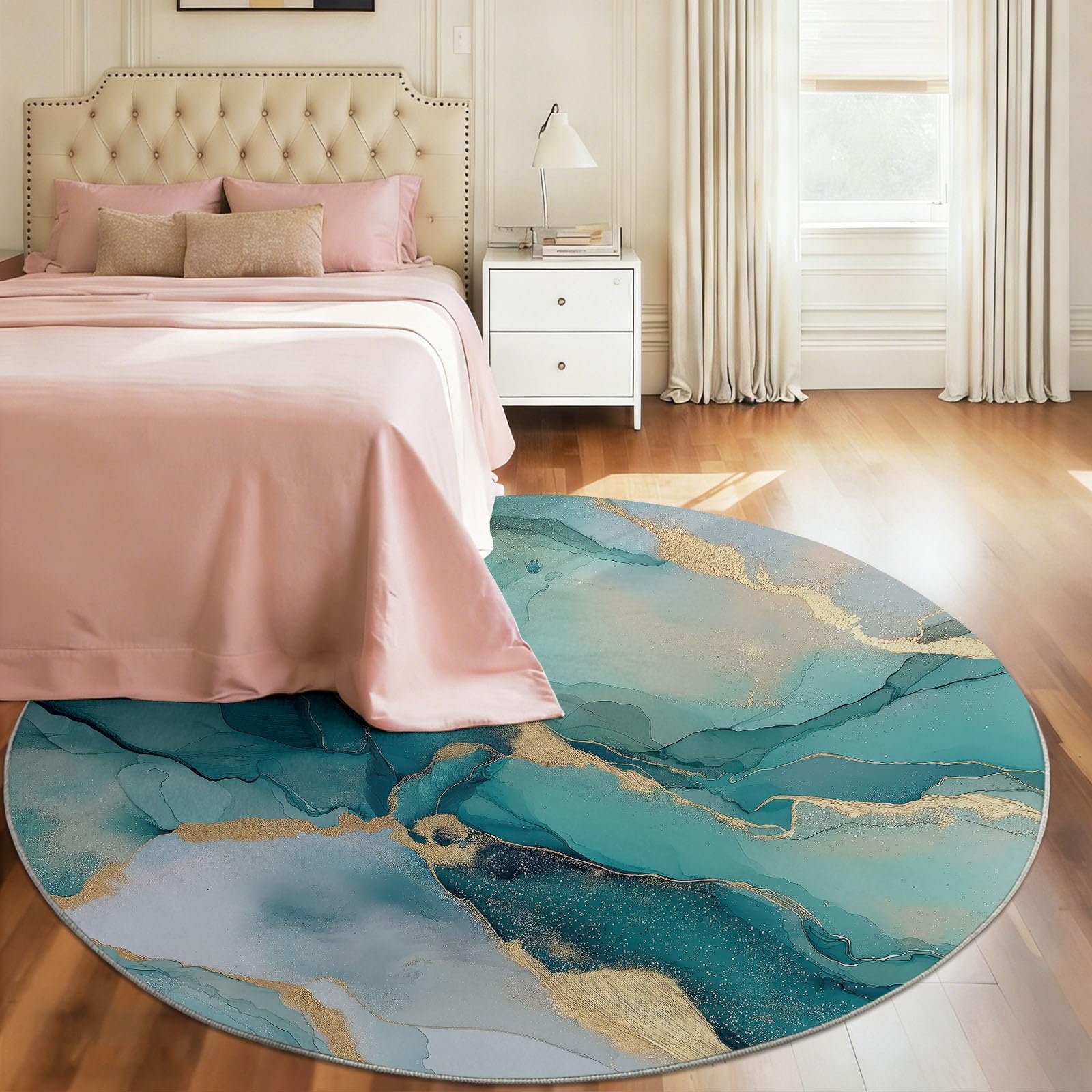 Tappeto rotondo da 120 cm, moderno, antiscivolo, lavabile, per camera da letto, tavolino da caffè, stile eterico, elegante, turchese, con stampa marmorizzata liquida, per soggiorno, cameretta dei