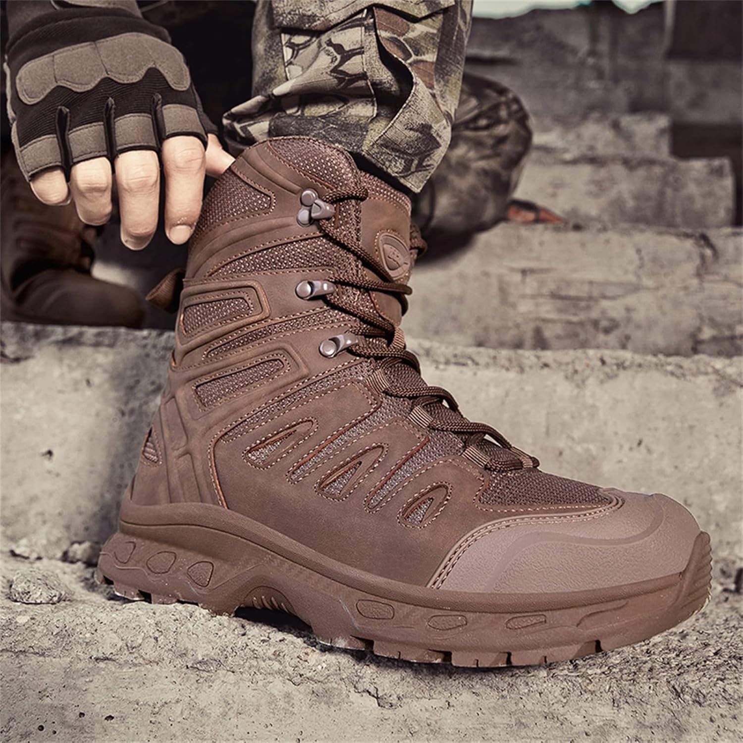 Military Tactical Boots For Men Leather Mesh Upper High Top Lace Up Lightweight Flexible Non Slip Outsole Outdoor Hiking Boots For Hiking Missions Daily Training Hunting Backpacking