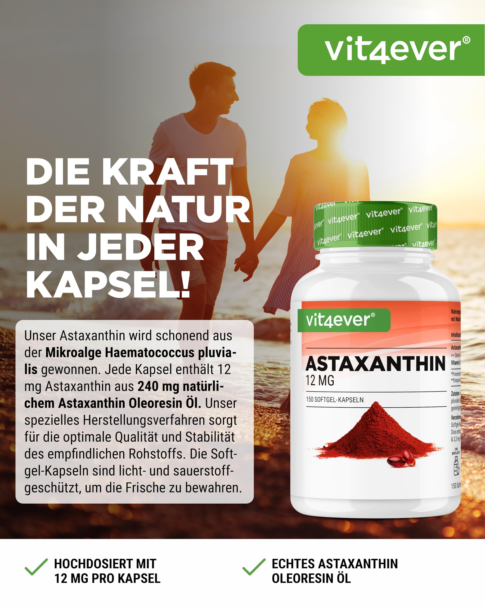 vit4ever Astaxanthin 12 mg - 150 Softgel Kapseln - Haematococcus Mikroalge | 10-Monats-Vorrat, aus Haematococcus Pluvialis, mit Vitamin E & Olivenöl, laborgeprüft