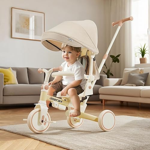 Miniatura 2 de Cochecito de triciclo de bebé 7 en 1 para niños pequeños de 1 a 6 años con mango de empuje ajustable, asiento giratorio, toldo retráctil