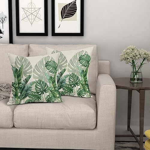 Miniatura 6 de Juego de 2 fundas de almohada de hojas verdes tropicales de 16 x 16 pulgadas, diseño botánico de plátano, Monstera, palmera, sofá, decoración del