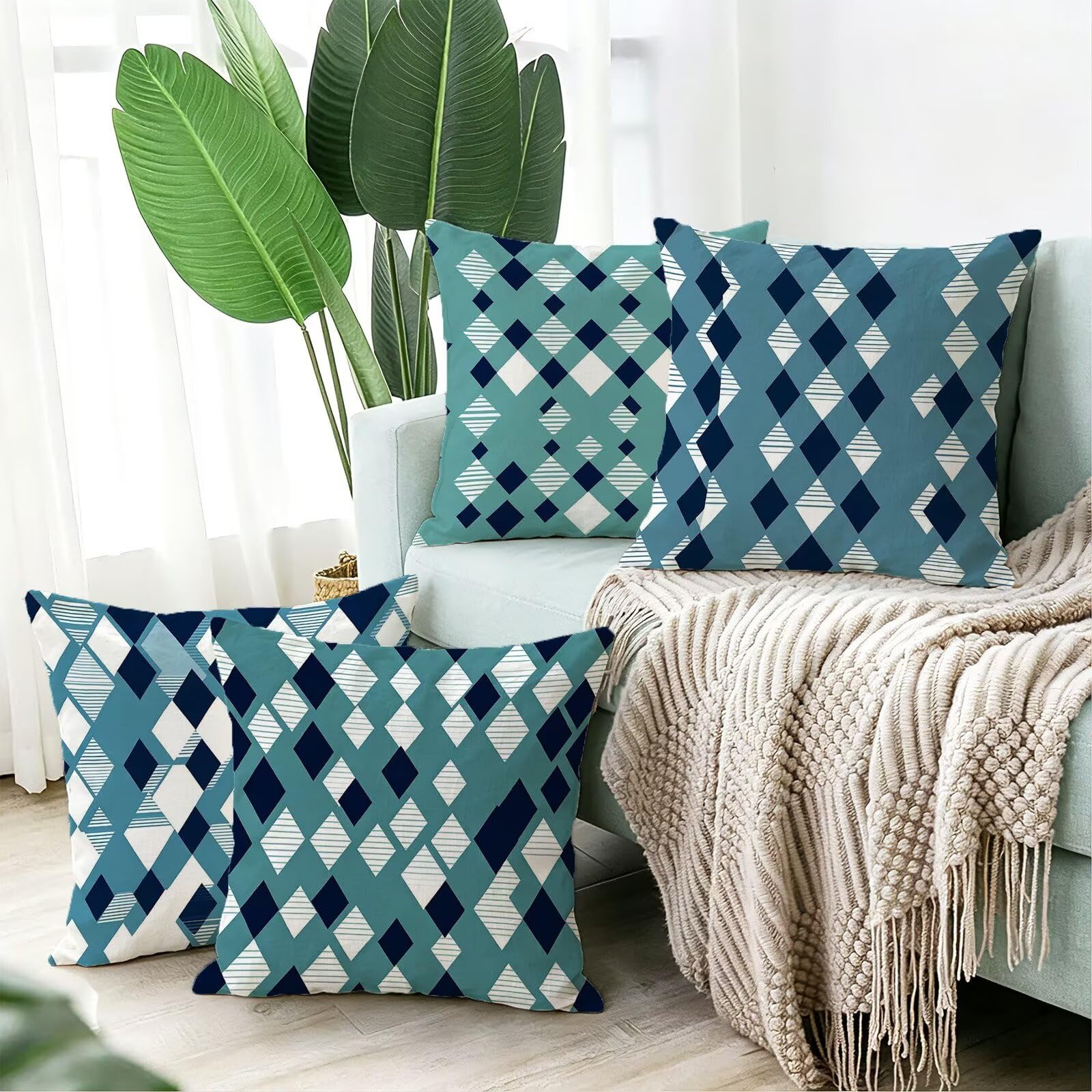 Blu Federe Cuscini Divano 65x65cm, Cuscini da Esterno Set de 4, Cod-72 | Velour Copricuscini Decorativi Letto Arredo, per Letto, Soggiorno, Giardino, Esterno, Casa Decorazione Set di 4 Geometria