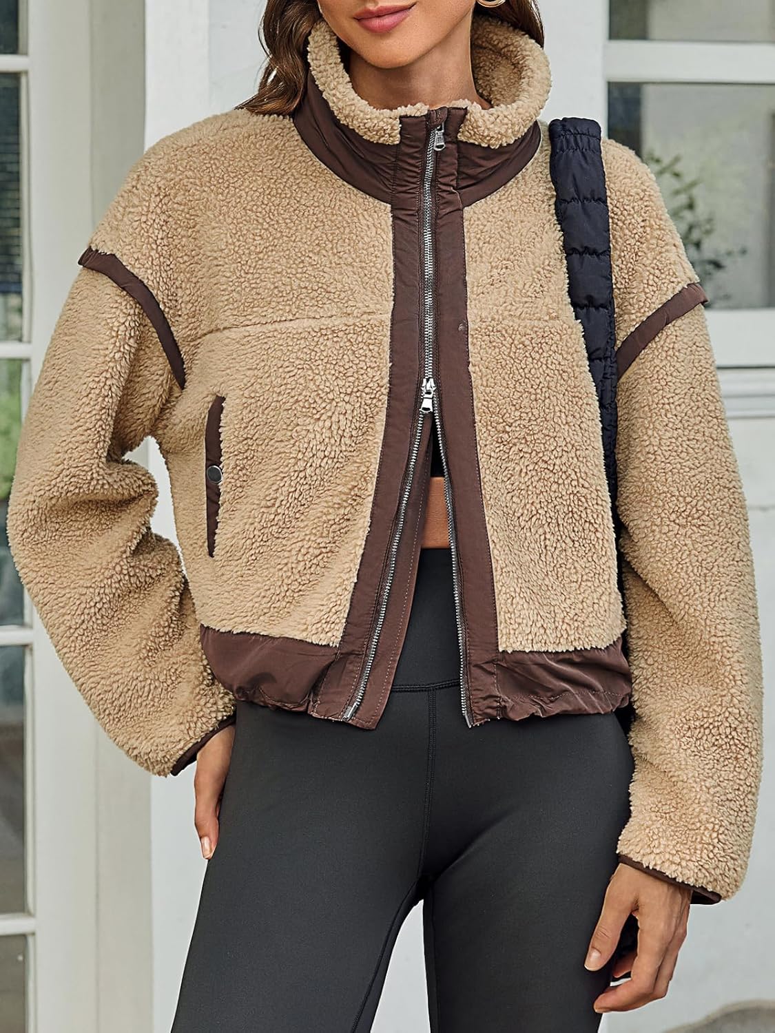 Tankaneo Womens Cropped Zip Up Fleece Jacket Stand Collar Fuzzy Sherpa Coat Winter Color Block Teddy Outerwear - Image 2