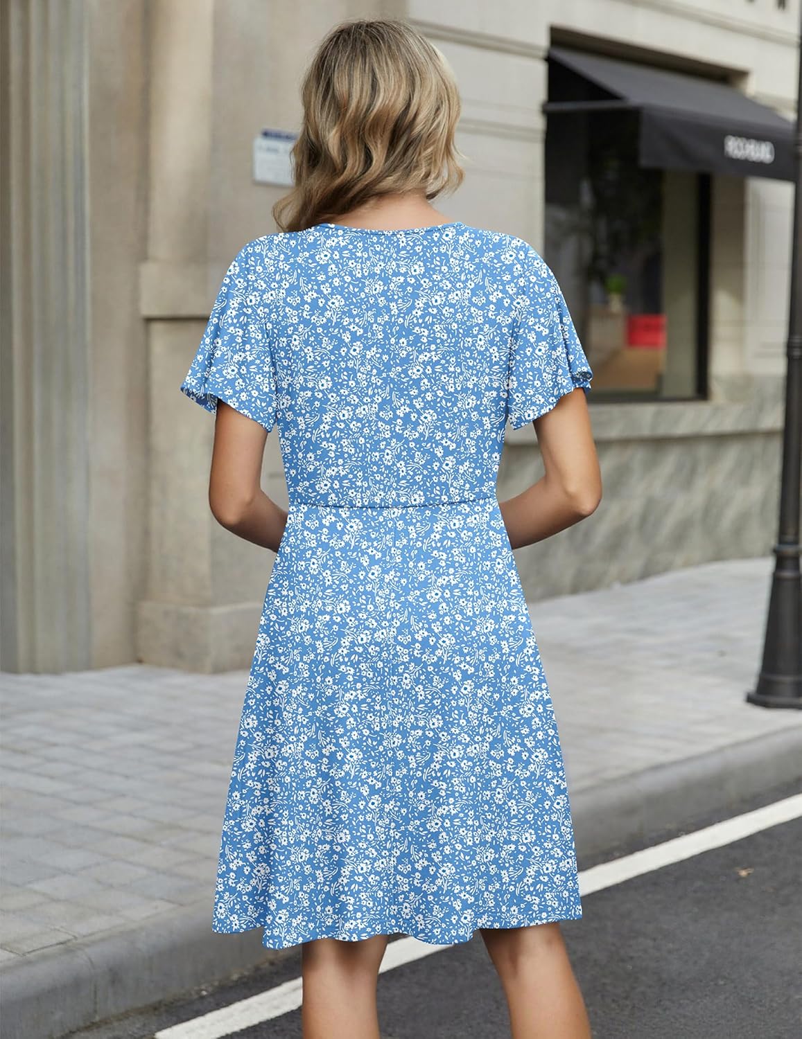 Zeagoo Womens Summer Sundress Ruffle Short Sleeve Casual Dresses V Neck Floral Wrap A-Line Party Dress with Pockets - Image 6