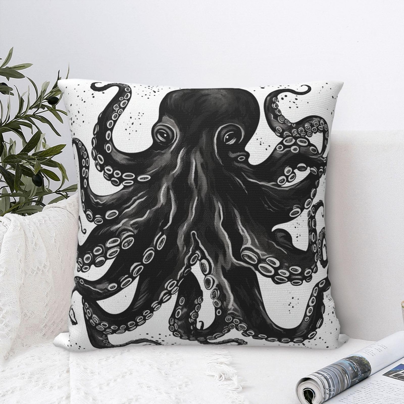 FodPand Luxury Velvet Throw Pillow Covers 24"x24" Super Soft Decorative Pillow Cases - Classic Black Octopus Pillowcases Modern Lumbar Cushion Cases for Couch Sofa Bed Pillow Shams