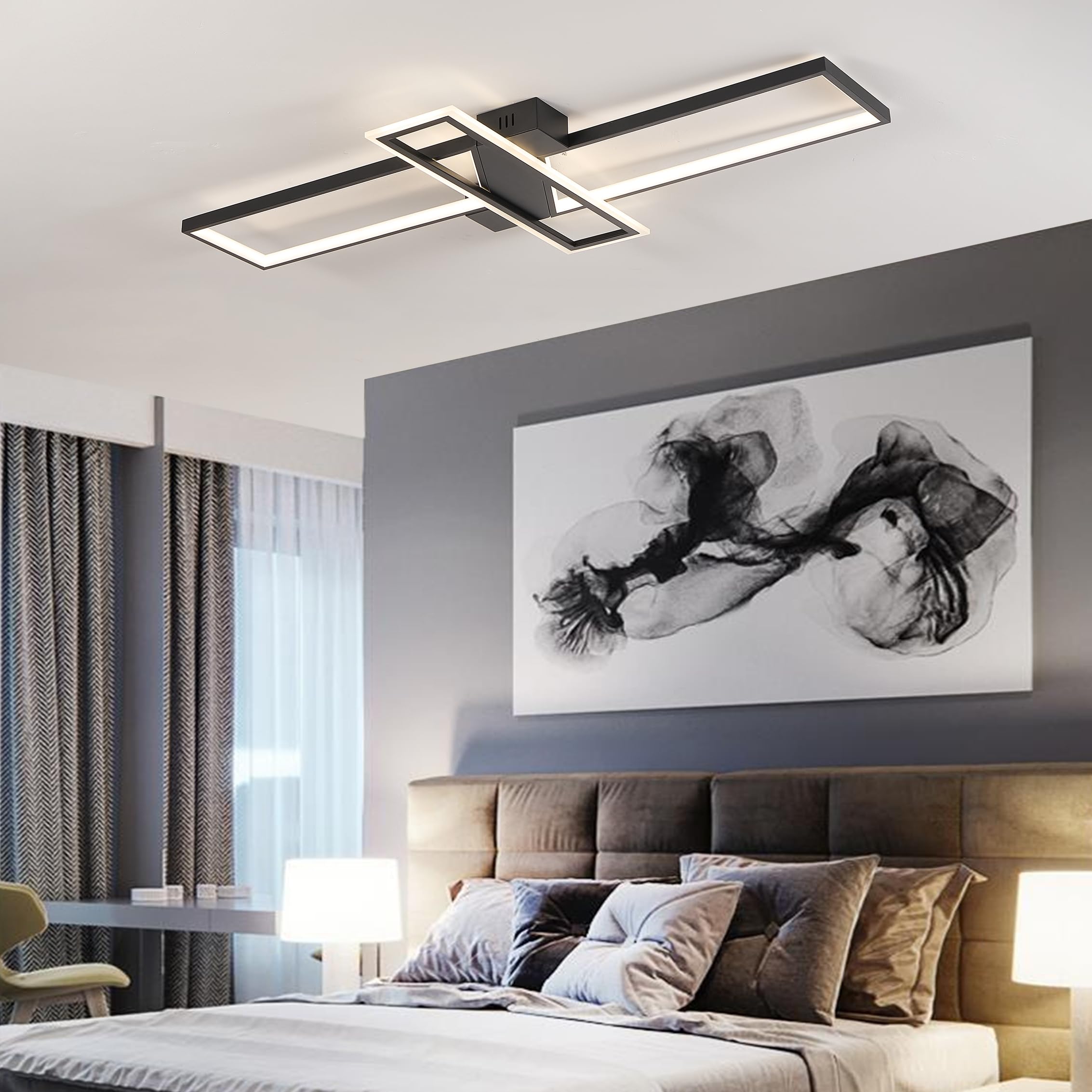 Narwhal Lampadario Led soffitto Moderno, Dimmerabile Plafoniera con Telecomando/APP, Timing e Funzione di Memoria, Plafoniere per Soggiorno,Camera da letto, Ufficio (Nero, 80cm)
