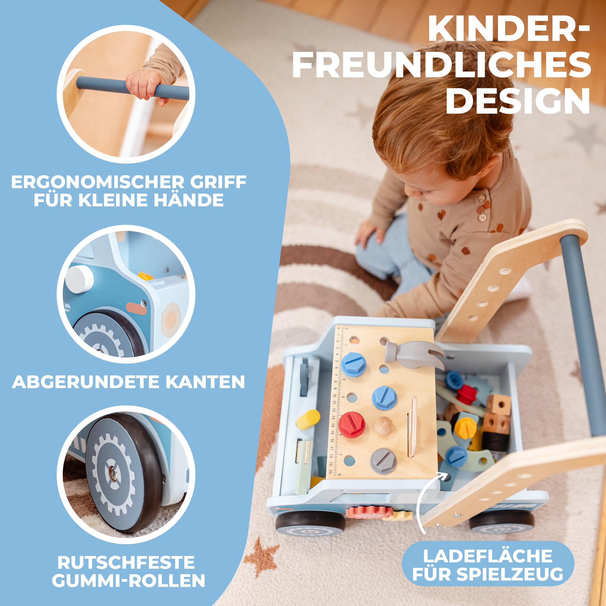 Lauflernwagen aus Holz – Stabiler Schiebewagen mit gebogenem Griff – Motorikspielzeug für Jungen & Mädchen – Montessori Spielzeug ab 1 Jahr - 3 in 1 Walker