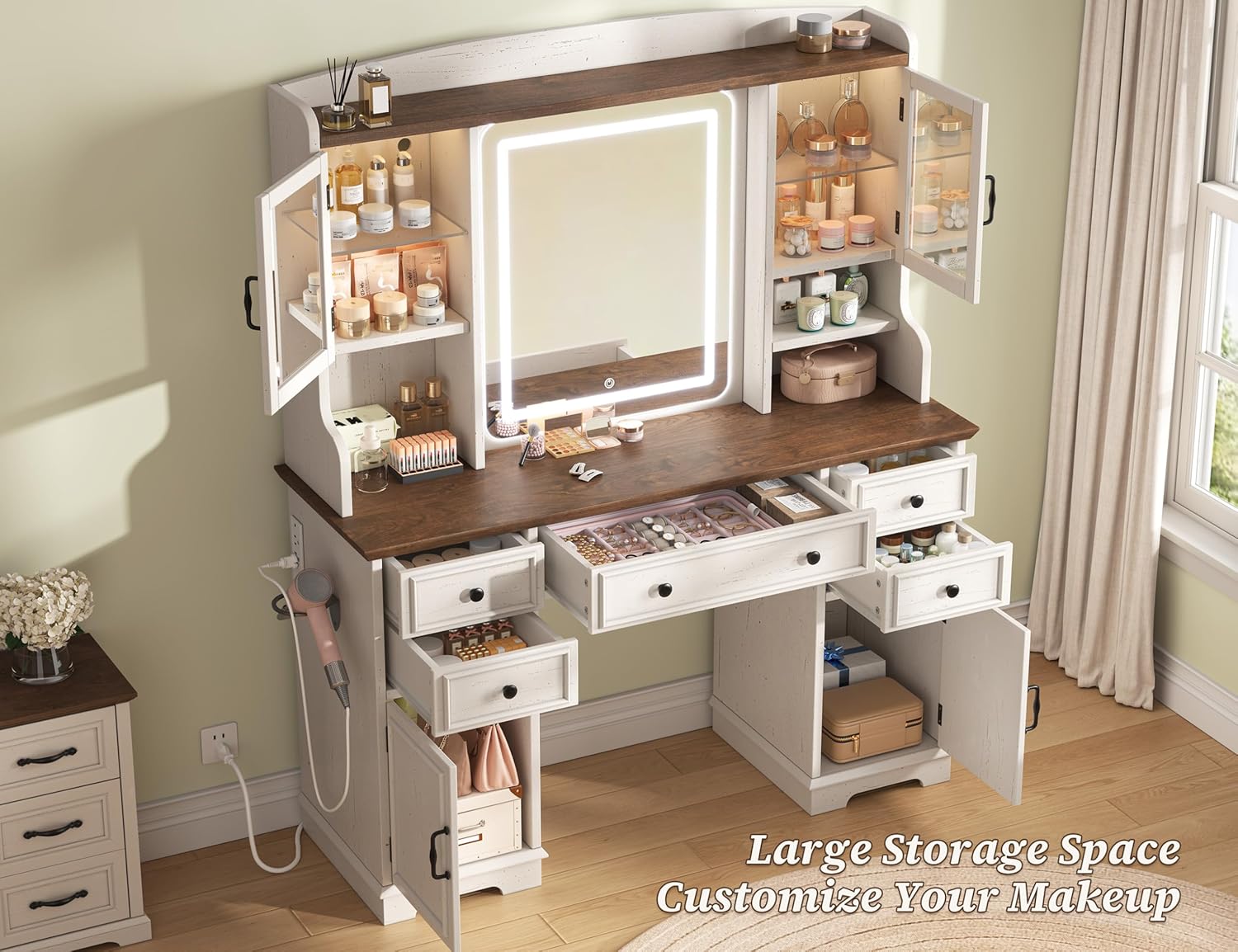 EnHomee Vanity Desk with Mirror and Lights, 43.5" White Makeup Vanity with 5 Drawers & 2 RGB Glass Cabinets, Power Outlet & Adjustable LED Lights, Farmhouse Dressing Table for Women Bedroom, White