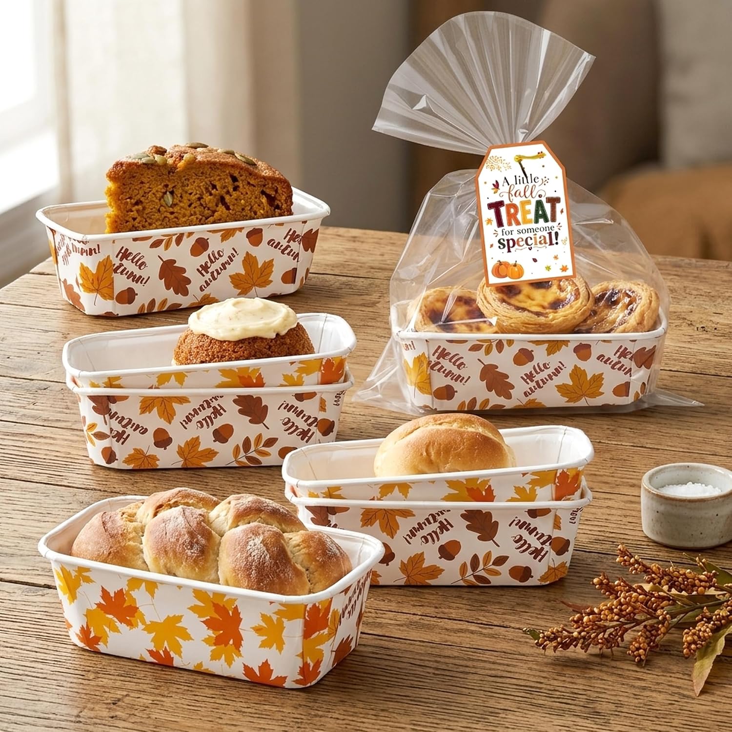 50 Sets Fall Disposable Mini Loaf Pans with Bags Ties Greeting Cards