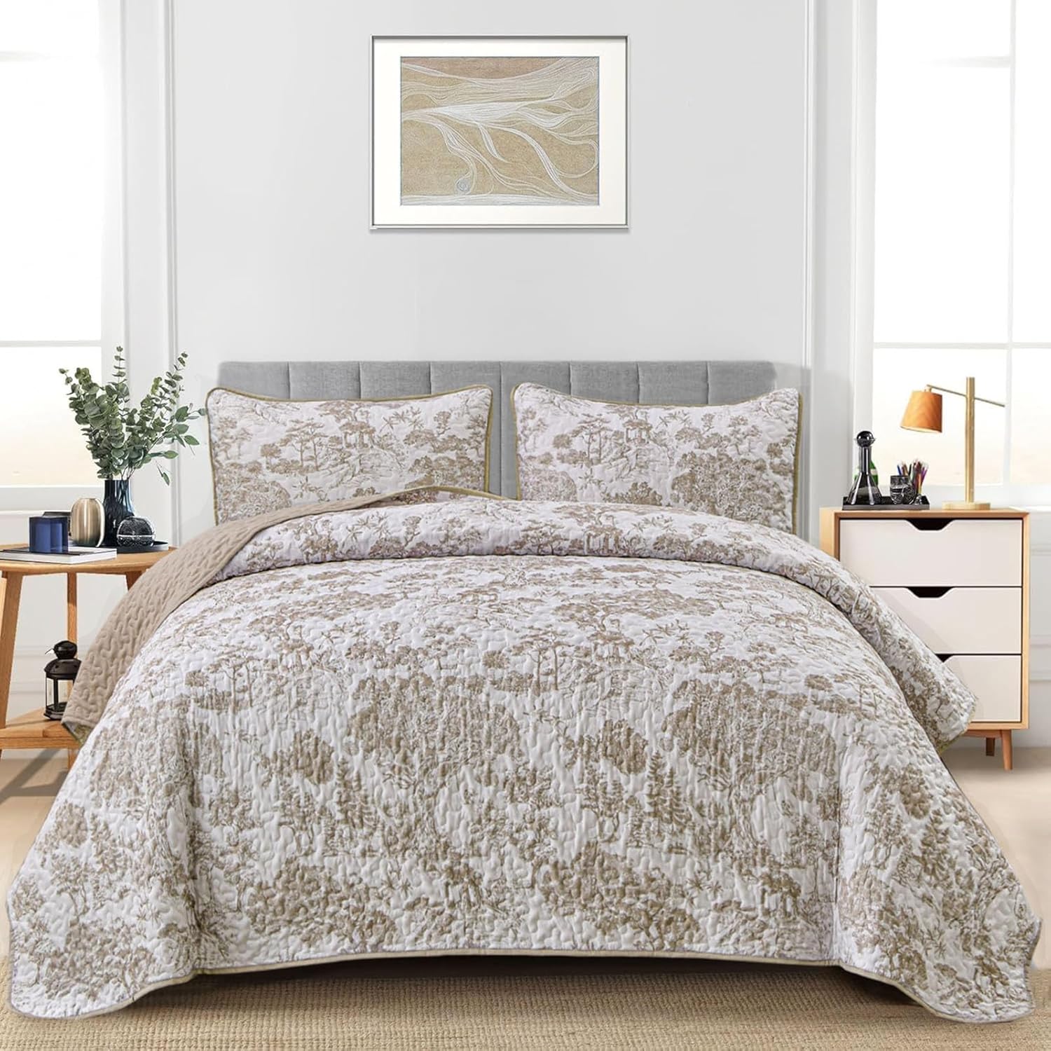 WONGS BEDDING Botanical Quilt Set California King Size, Khaki 3 Pieces Toile Floral Plants Printed Bedspread Bedding Set Soft Lightweight Microfiber Coverlet Set for All Season (112"×96") - Image 2