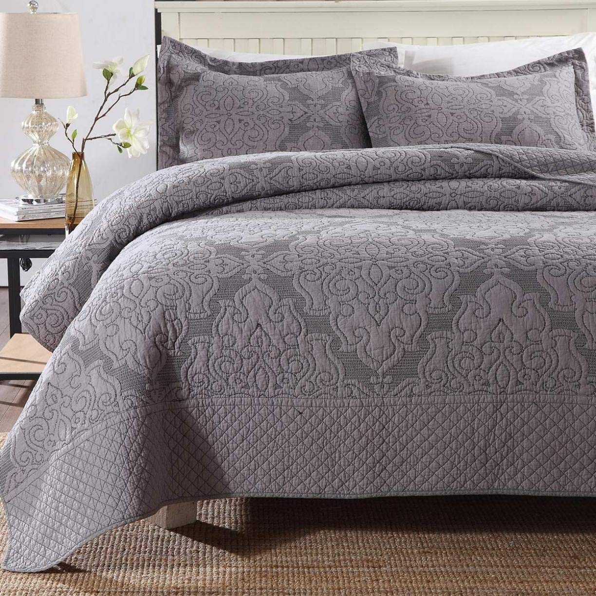 Sjdopulse Grey Gray Reversible Bedspread Microfiber Throw Embroidery Soft Quilted Quilt With 2 Pillowcases, Gray, 230 * 250Cm