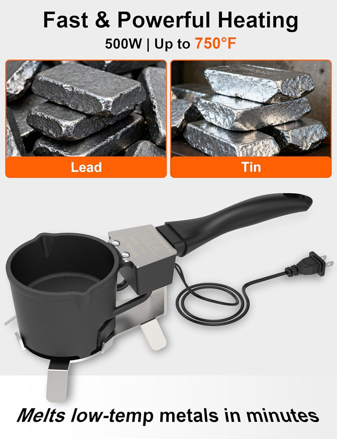 Lead Melting Pot, 5 lbs Electric Lead Melter with Long Handle & Pouring Spout, 750℉ Max – Ideal for Fishing Sinkers, Bullet Casting, and DIY Metal Crafts