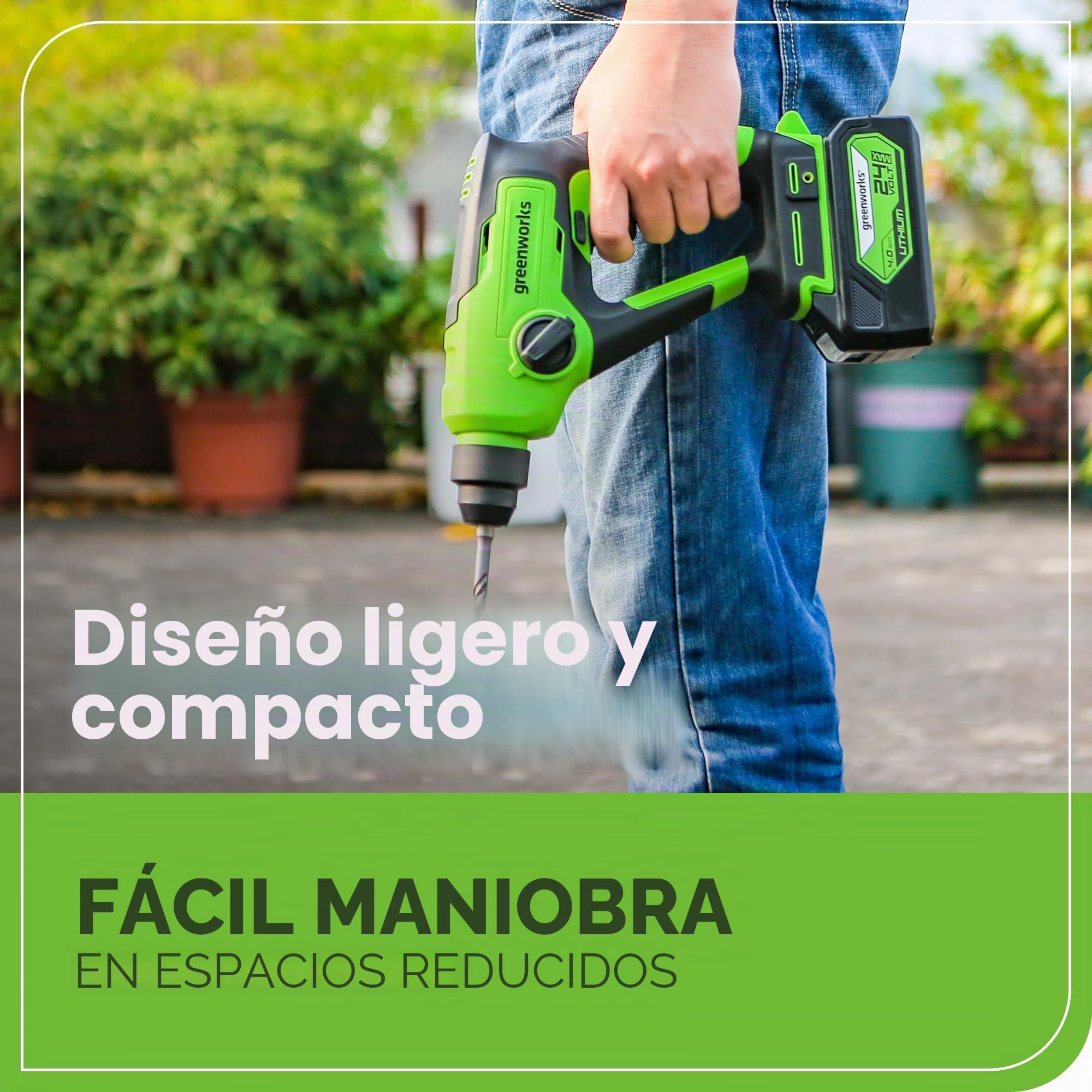 Greenworks taladro percutor a batería 1.2J, martillo perforador SDS plus por tabiques y hormigón, 24V brushless, taladro y percutor dos modos, velocidad ajustable, con batería de 2Ah y cargador