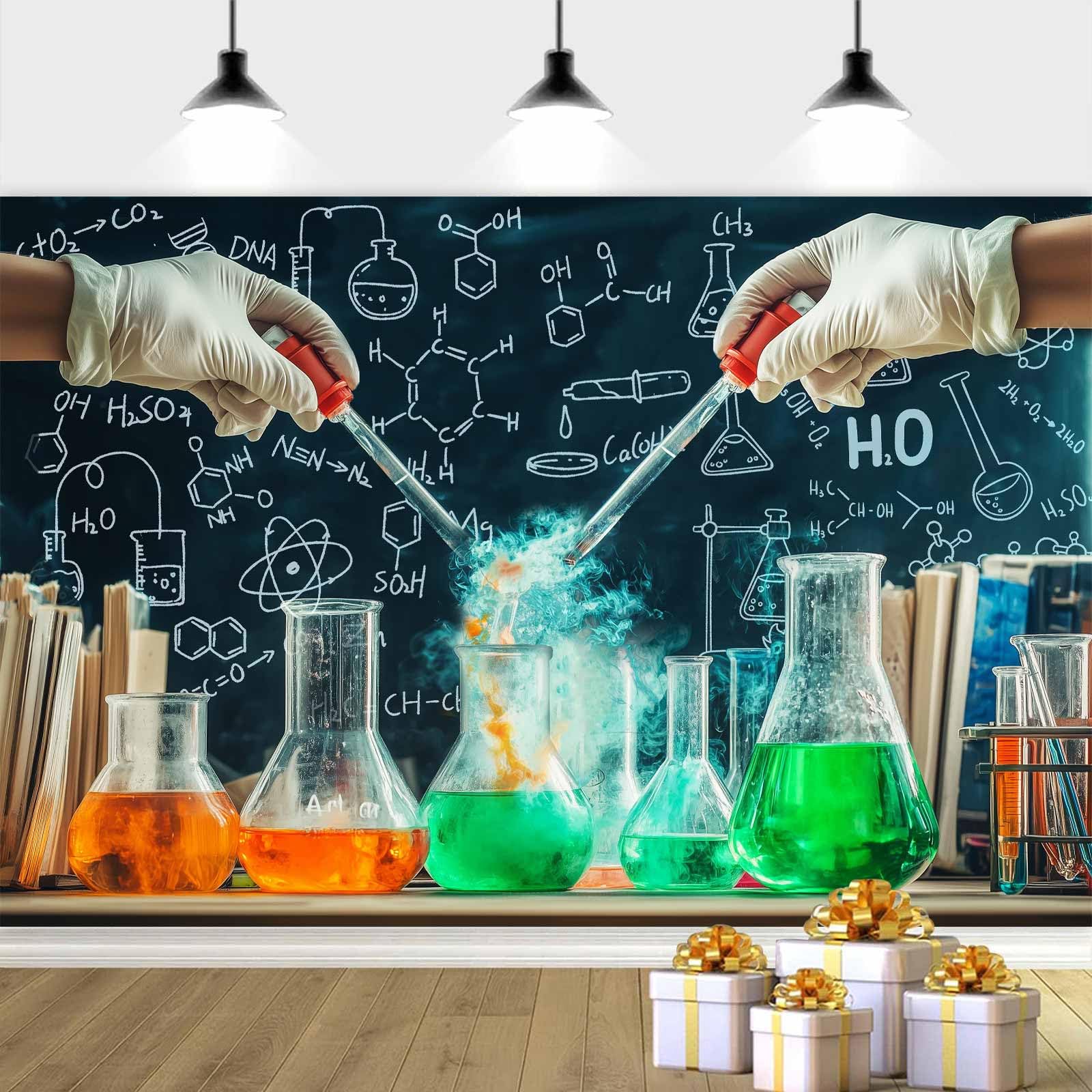 Chemical Science Backdrop, Mad Scientist Chemical Experiments Party Decoration Background for Girls Boys, Colorful Beakers Measuring Cups Photography