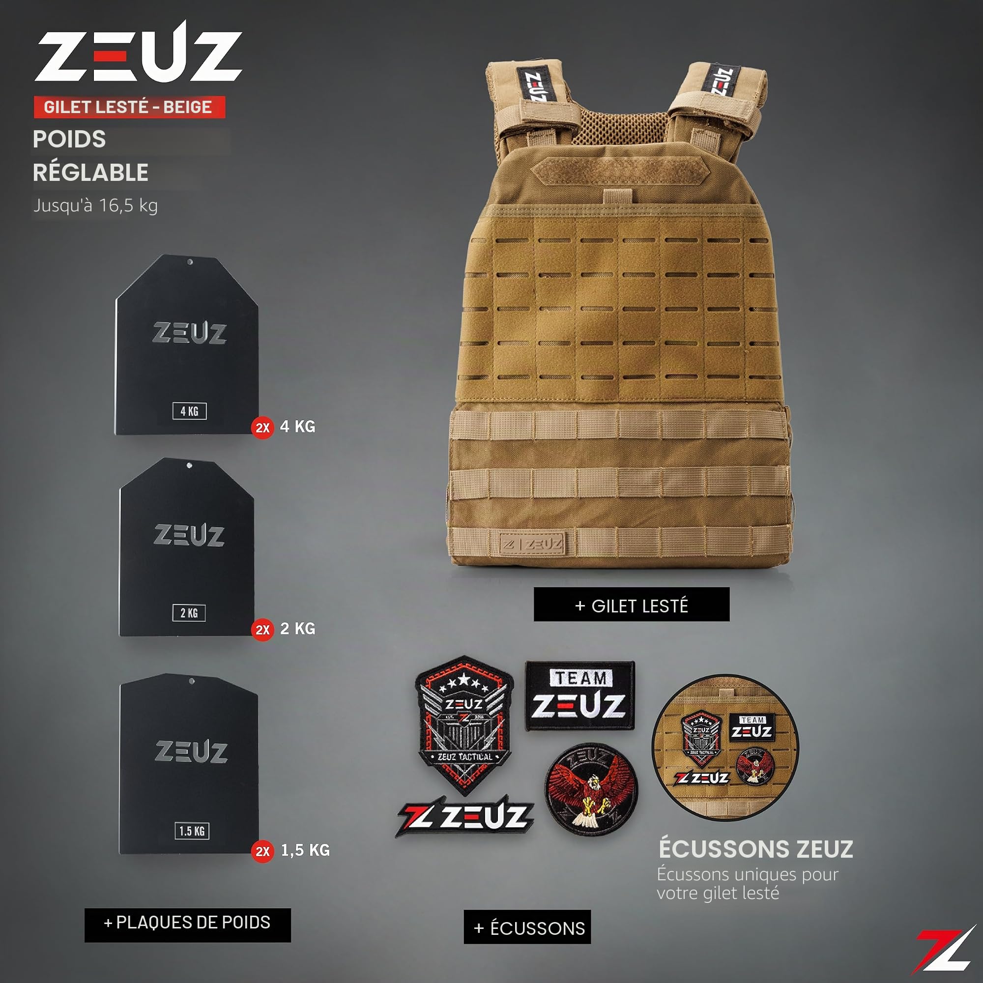 ZEUZ® 3.0 Gilet de poids Crossfit & Fitness 16,5 KG – Gilet tactique & Veste d'entraînement - Réglable en Poids – 19 Stands - Beige