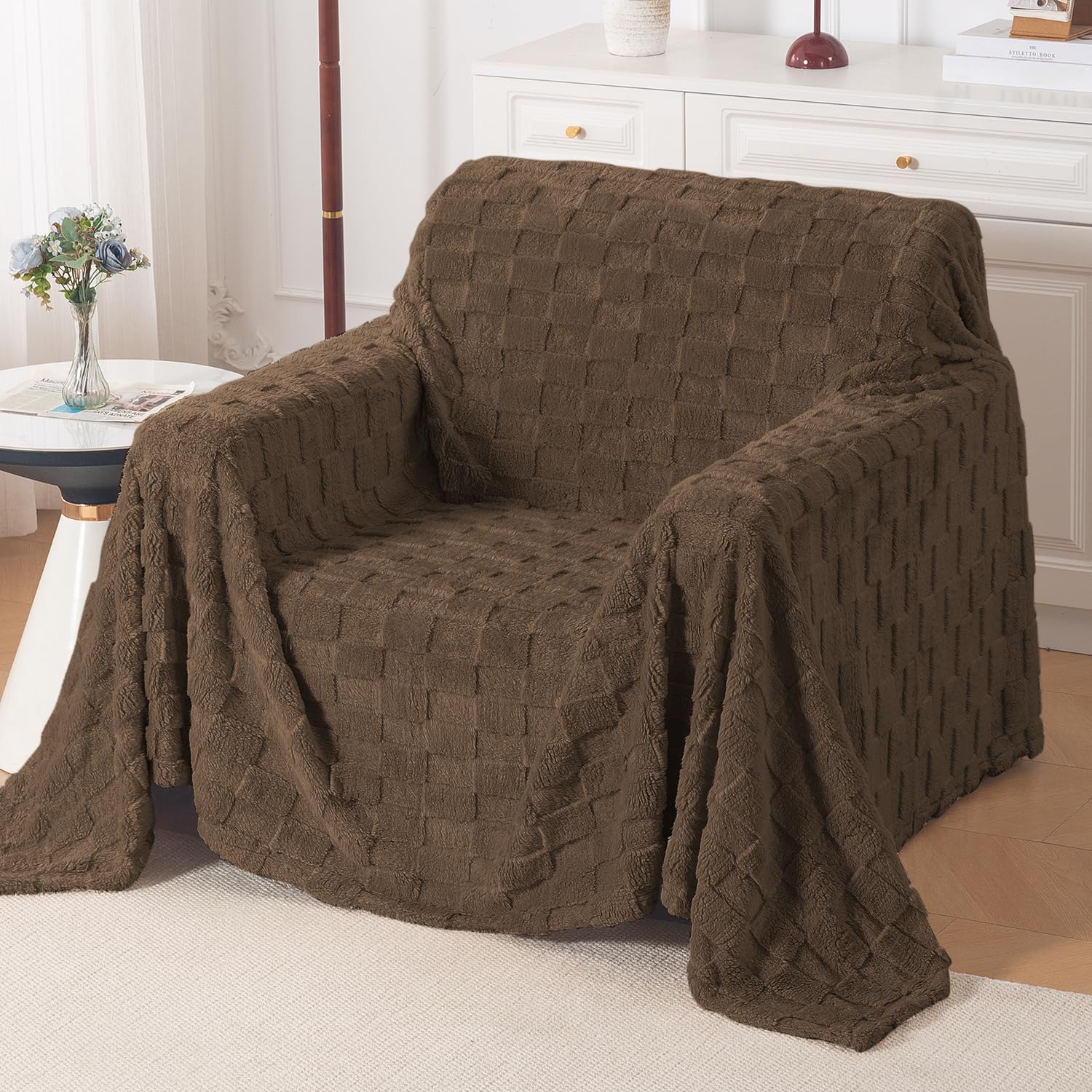 HOKIPO Luxury Plush Sofa Cover Throw for 1 Seater Sofa | Soft Sofa Throw for Complete Sofa Protection, 'PlushGrid Series' Coffee Brown (180x180 cm) (IN-1034-CF)