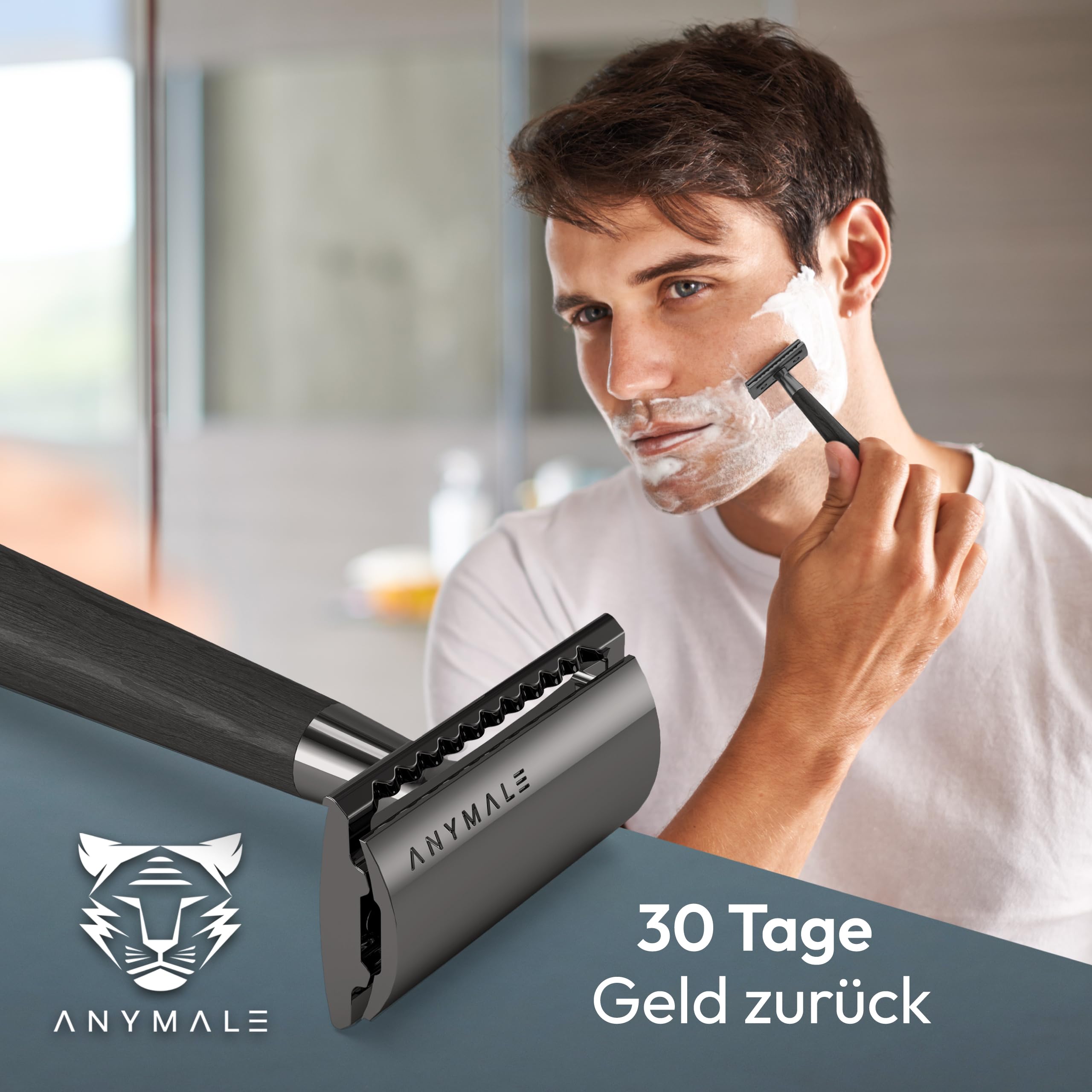 Rasierhobel „Midnight“ für Damen & Herren Griff aus Ahornholz (Schwarz) - Holz Nassrasierer & Rasierer Metall mit 5 Klingen (Zero Waste) - Männer-Rasierer, Klingenrasierer & Safety Razor