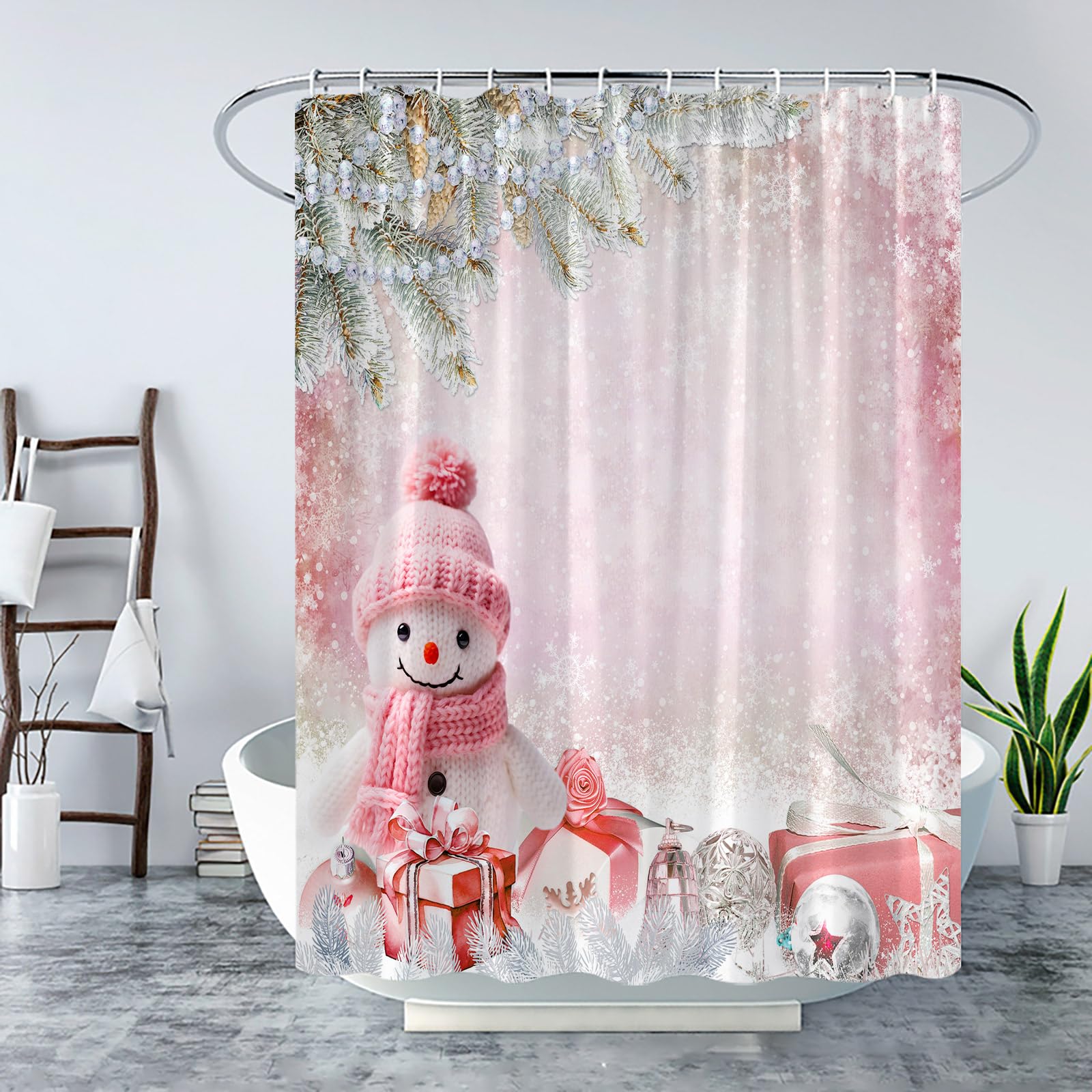 Weihnachts-Duschvorhang – Niedliches Rosa Design Mit Weihnachtsmann & Zuckerstangen, Wasserdicht