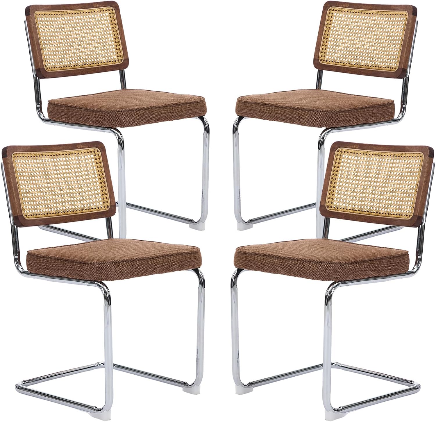 Juego de 4 sillas de comedor de ratán, sillas tapizadas de comedor modernas de mediados de siglo con respaldo de caña, sillas de cocina de lino retro con base de cromo inoxidable, marrón Paquete de 4 Marrón