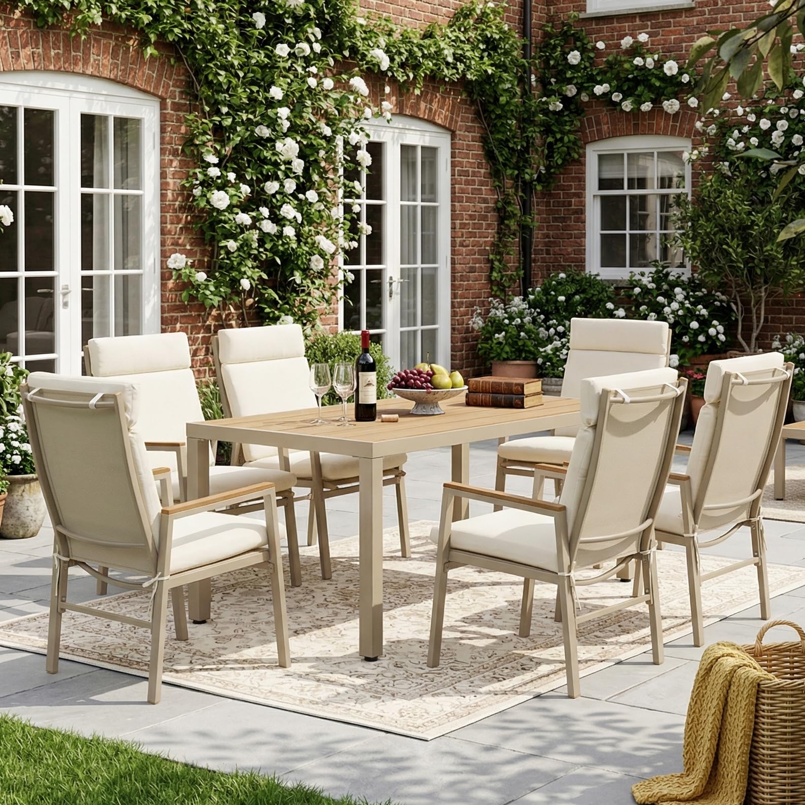 Shye Set da pranzo da giardino, 6 persone, 1 tavolo e 6 sedie, ferro zincato, piano in legno di plastica, cachi, beige