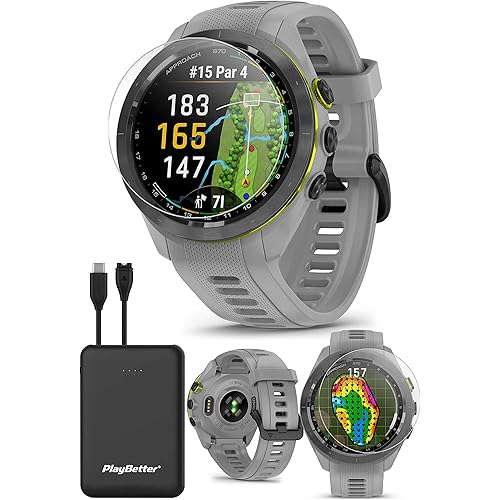 Garmin Approach S70 (Gray, 42mm) Golf GPS Watch Bundle - AMOLED Display, Virtual Caddie & PlaysLike Distance - Includes PlayBetter 5000mAH Portable Charger & Screen Protectors