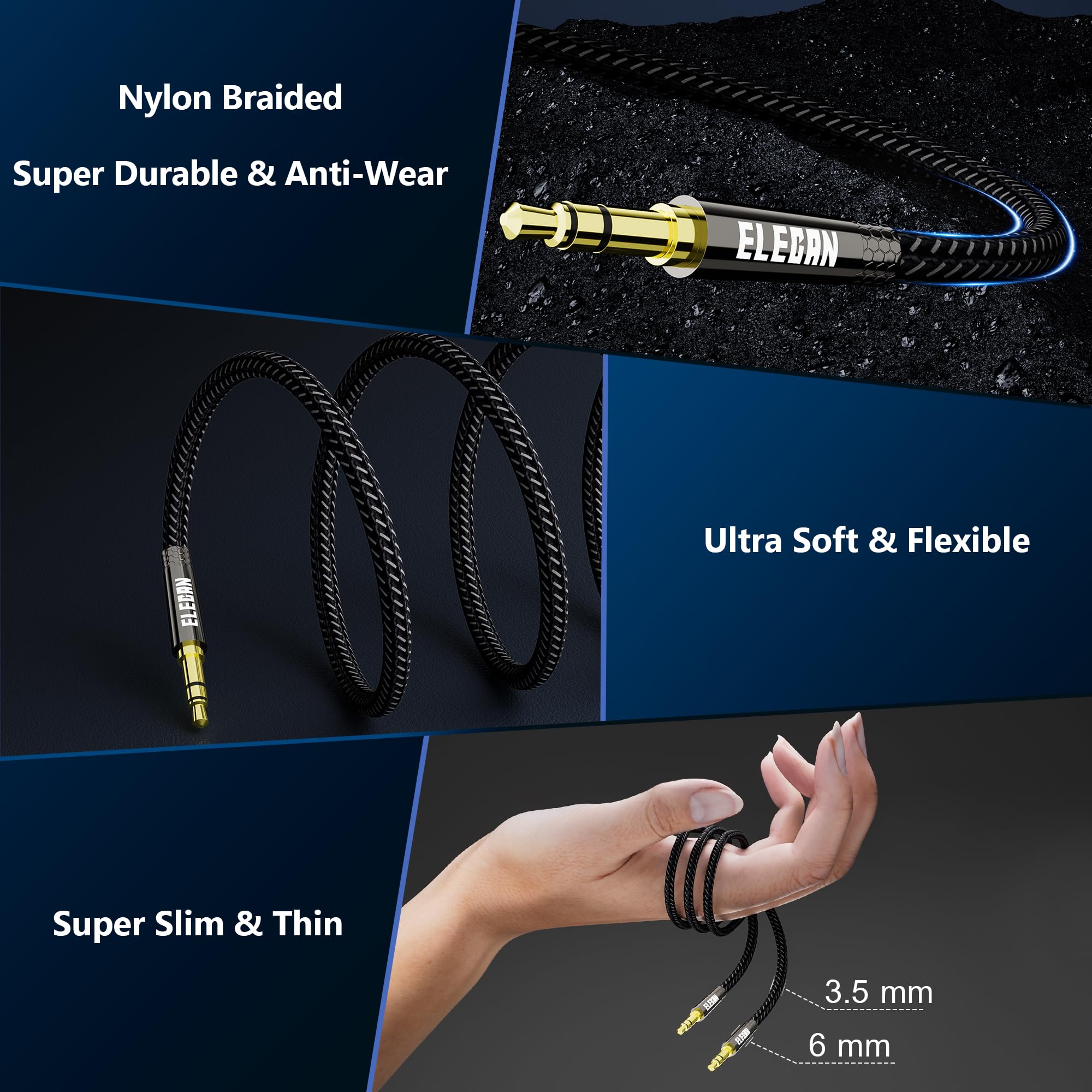 Elecan Cable auxiliar de 3,5 mm, sonido de alta fidelidad, aleación de zinc, carcasa OD 3,5 mm, ultrafino y suave), cable de audio estéreo auxiliar trenzado, cable auxiliar de 3,5 mm para auriculares