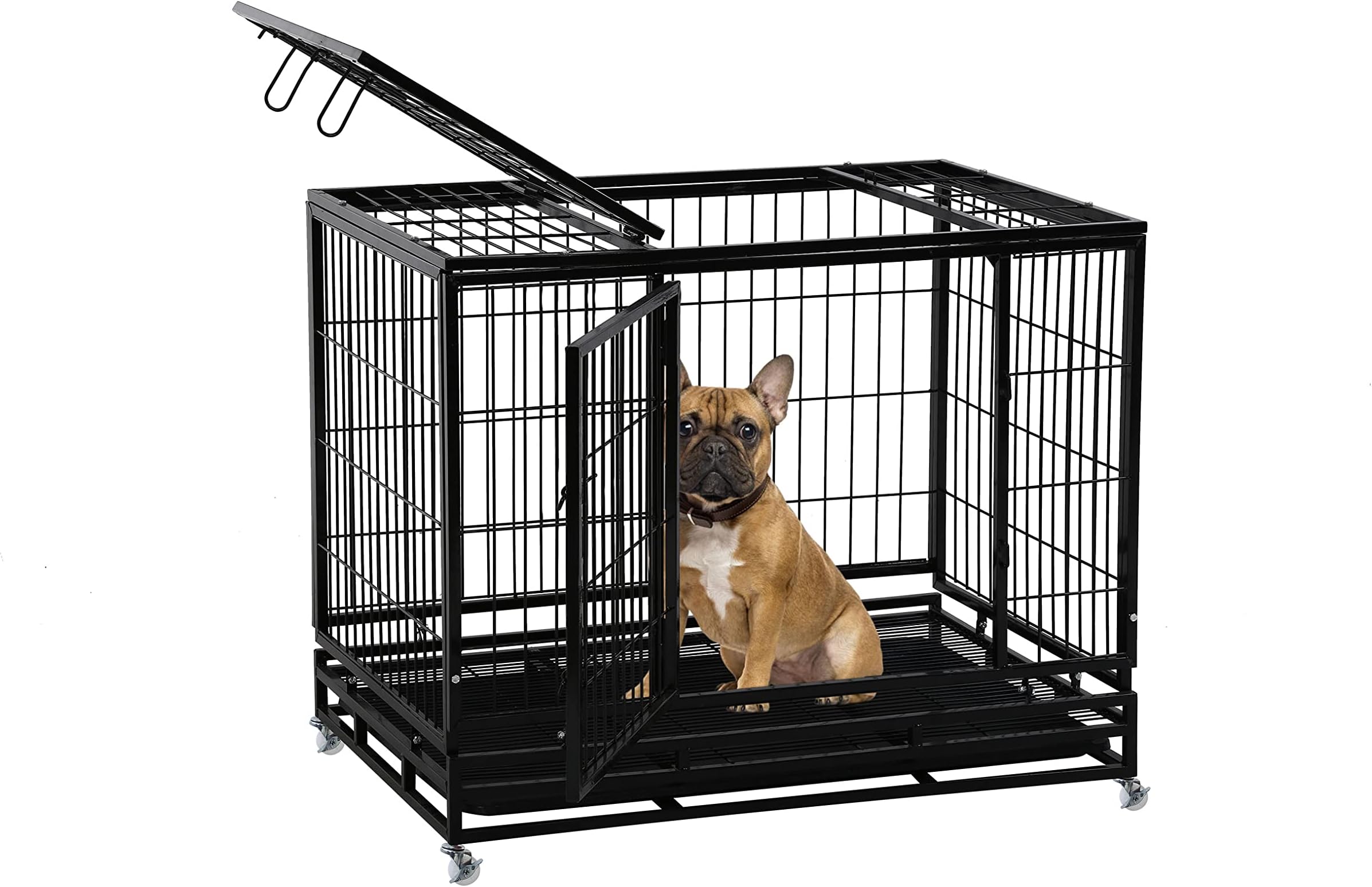36'' Heavy Duty Dog Crate for Medium and Large Dogs Double Doors & Locks Design Escape Proof Strong Metal Dog Cage with Wheels, Indoor Large Dog Crate Heavy Duty Stackable Dog Kennel with Tray