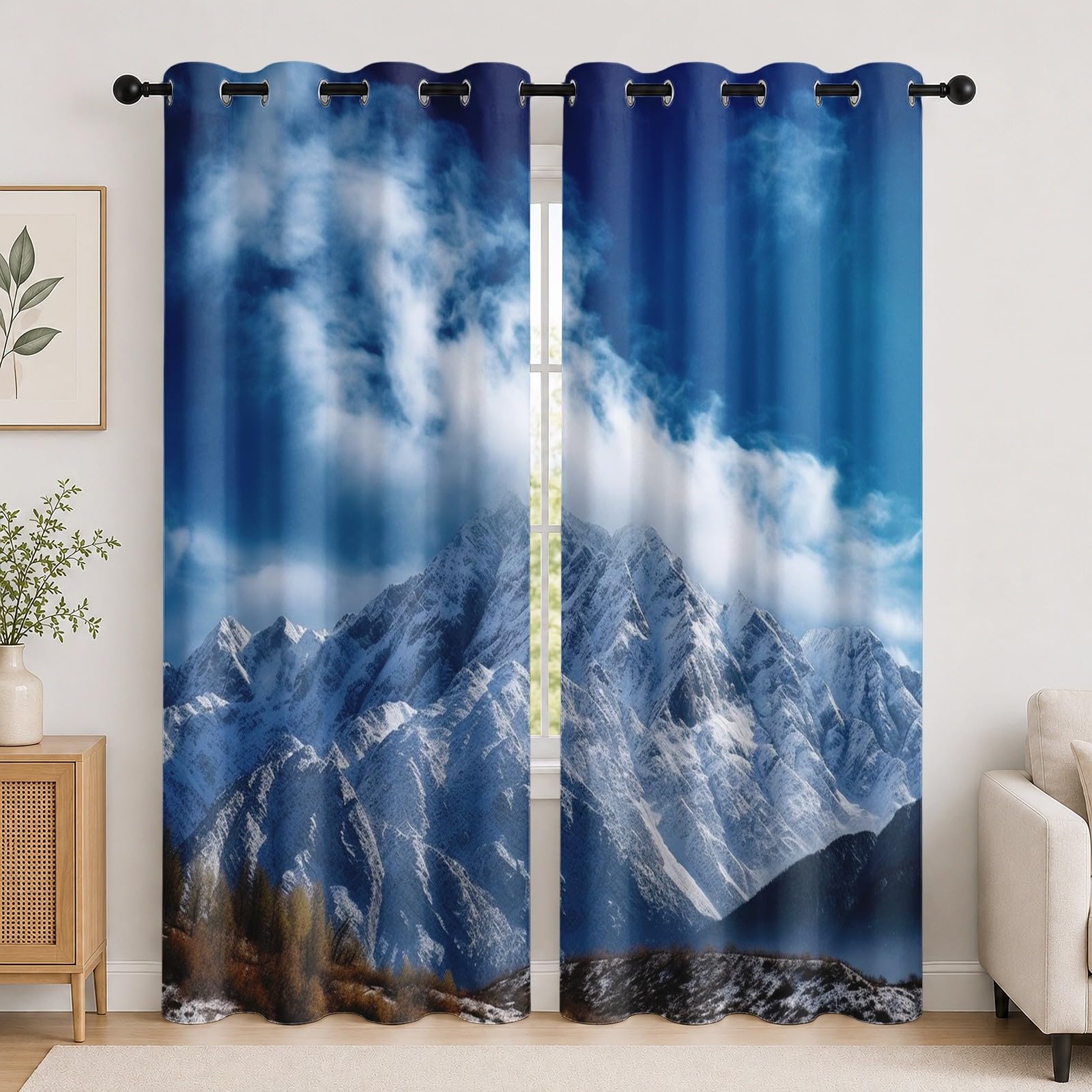 Rideaux occultants thermiques infroissables bleu paysage de montagne pour salon
