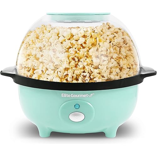Elite Gourmet EPM330M Automatic Stirring 12-cup Popcorn Maker Popper, Hot Oil Popcorn Machine w/Measuring Cap & Built-in Reversible Serving Bowl, Great for Home Party Kids, Safety ETL Approved, Mint