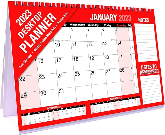 2023 Desktop Calendar Freestanding Flip Month to View Spiral Bound Red and Black Canender for Home Business Office School 1 January 2023 to 31 December 2023
