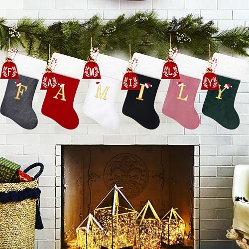 Miniatura 146 de Calcetines de Navidad bordados de 20 pulgadas con monograma, terciopelo rojo con puño de felpa blanca supersuave, adornos clásicos para decoración