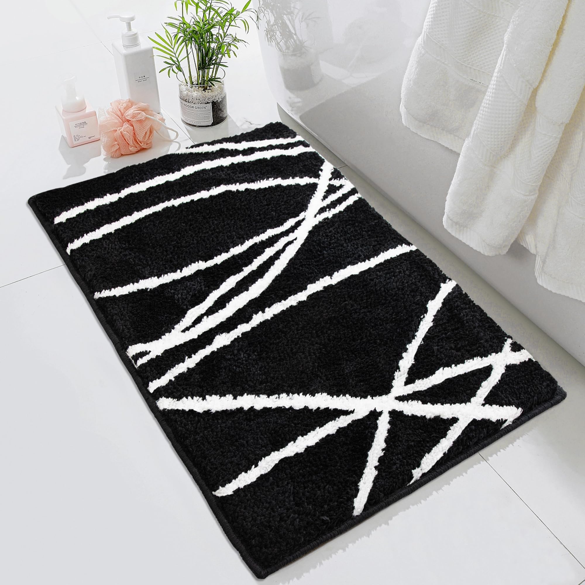 Tititex Luxury Black Curve Line Bathroom Rug, 16x24 inch Classic Extra Soft and Absorbent Microfiber Bath Rugs, Non-Slip Plush Shaggy Bath Carpet, Bath Mats for Bathroom Floor, Tub and Shower