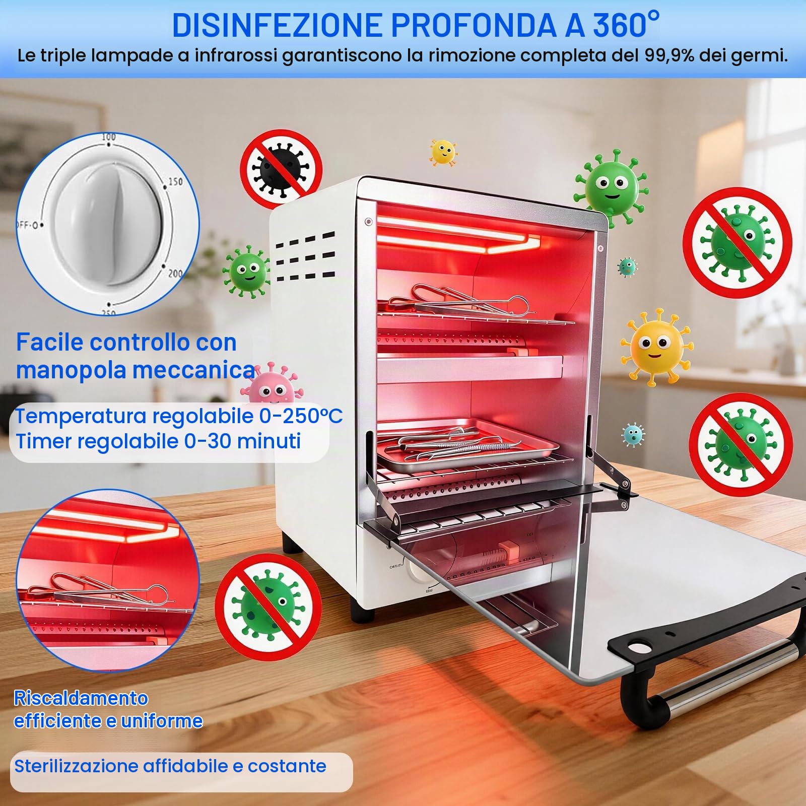 Sterilizzatore autoclave da 12 l, 1000 W, doppio scaldacqua a infrarossi, con timer da 30 minuti e regolazione della temperatura di 250 °C, sterilizzatore ad aria calda per strumenti per unghie