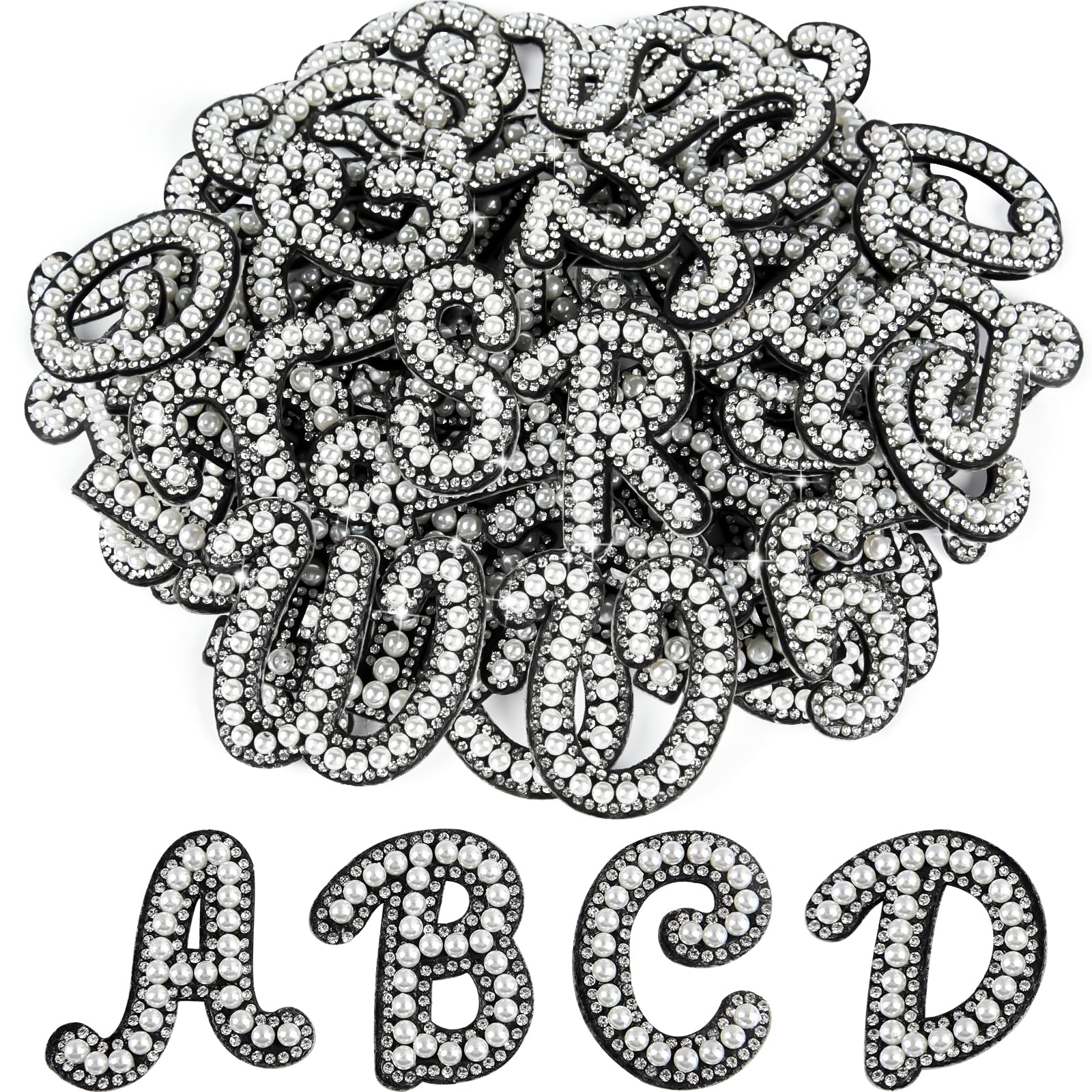 ASTARON 26pcs Self Adhesive Letter Patches Pearl Rhinestone Letter Stickers, Glitter Rhinestone Letters A-Z Embroidered Applique Patches Alphabet Cloth Patch for Clothes, Bags, Hat, Phone Case, DIY