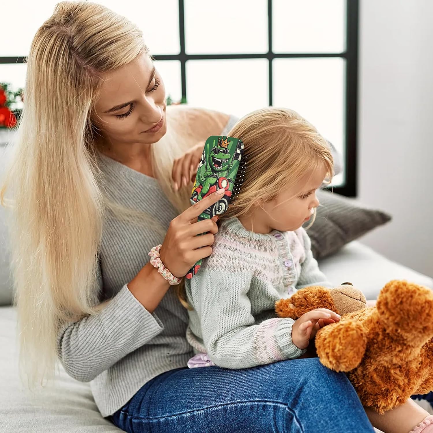 キッズヘアブラシ 男の子 女の子 - 面白い恐竜のもつれ解消ヘアブラシ 太いカーリーウェットドライヘア用 - パドルヘアブラシ 痛み