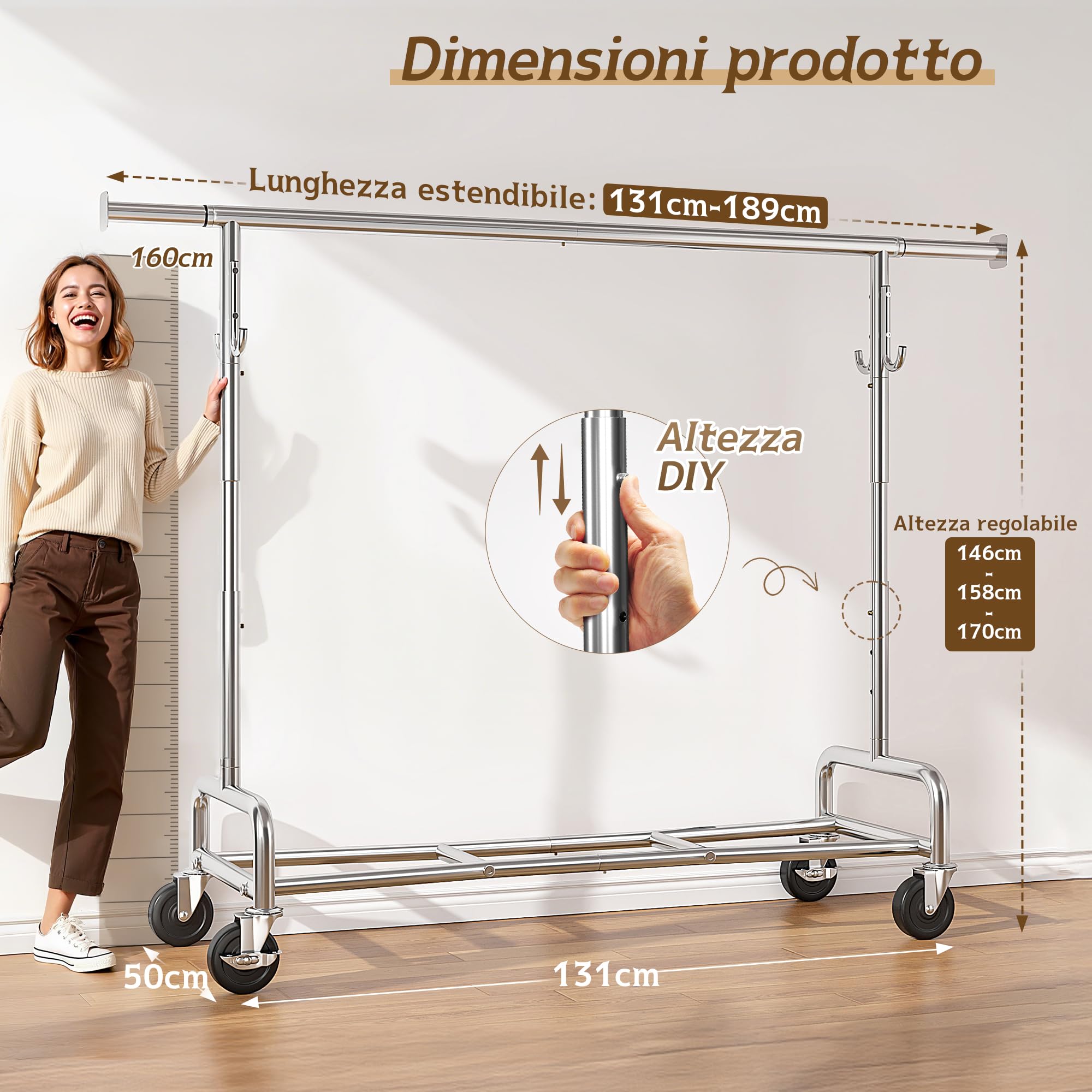 131–189cm Estensibile Stand Appendiabiti con Ruote per Cappotto | 140KG Portata massima, 146-170cm Regolabile in Altezza, per Giacca, Maglioni, Camera da letto, Dormitorio, Argento