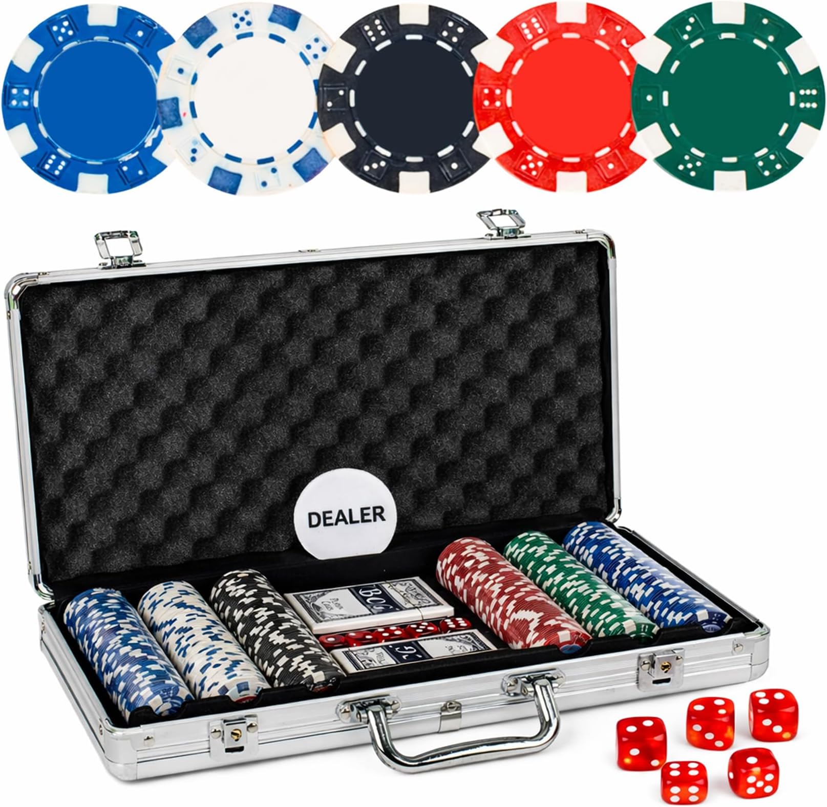 WISHKEY for Adult Casino Style Poker Chips Set with A Aluminum Finish Case, 2 Decks of Card Game, 5 Dice, 1 Dealer Button (Classic Multiplayer Game) 300 Pcs