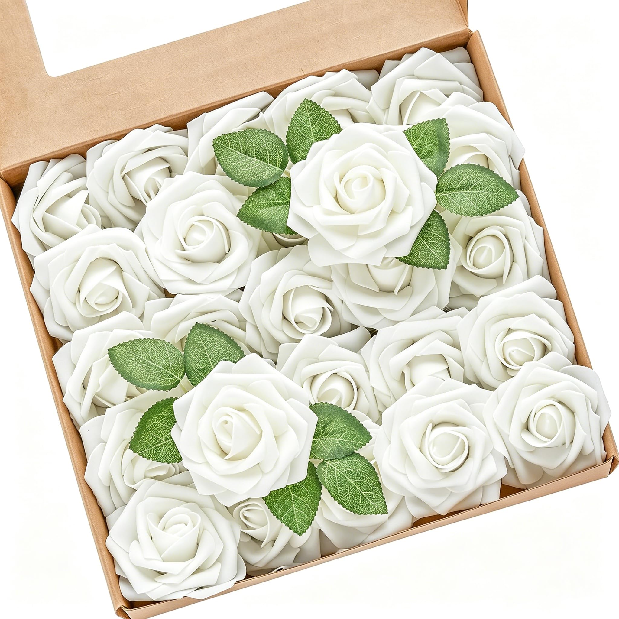 Partiazy A-White Artificial Flowers 25Pcs Real Looking White Artificial Rose With Stems For Diy Wedding Bouquets Centerpieces Arrangements Bridal Shower Party Home Decorations