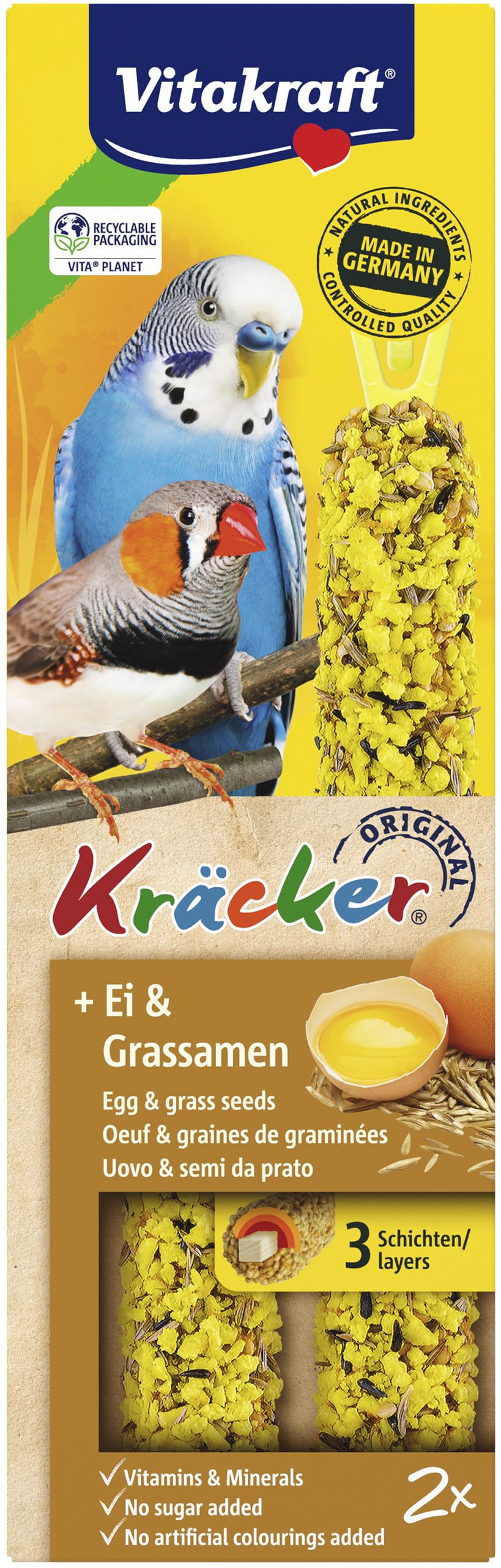 Vitakraft Kräcker, mit Ei und Grassamen, Knabberstangen für Sittiche und Exoten, in Vorratsgröße, ohne Zusatz von Zucker (10x 54g)