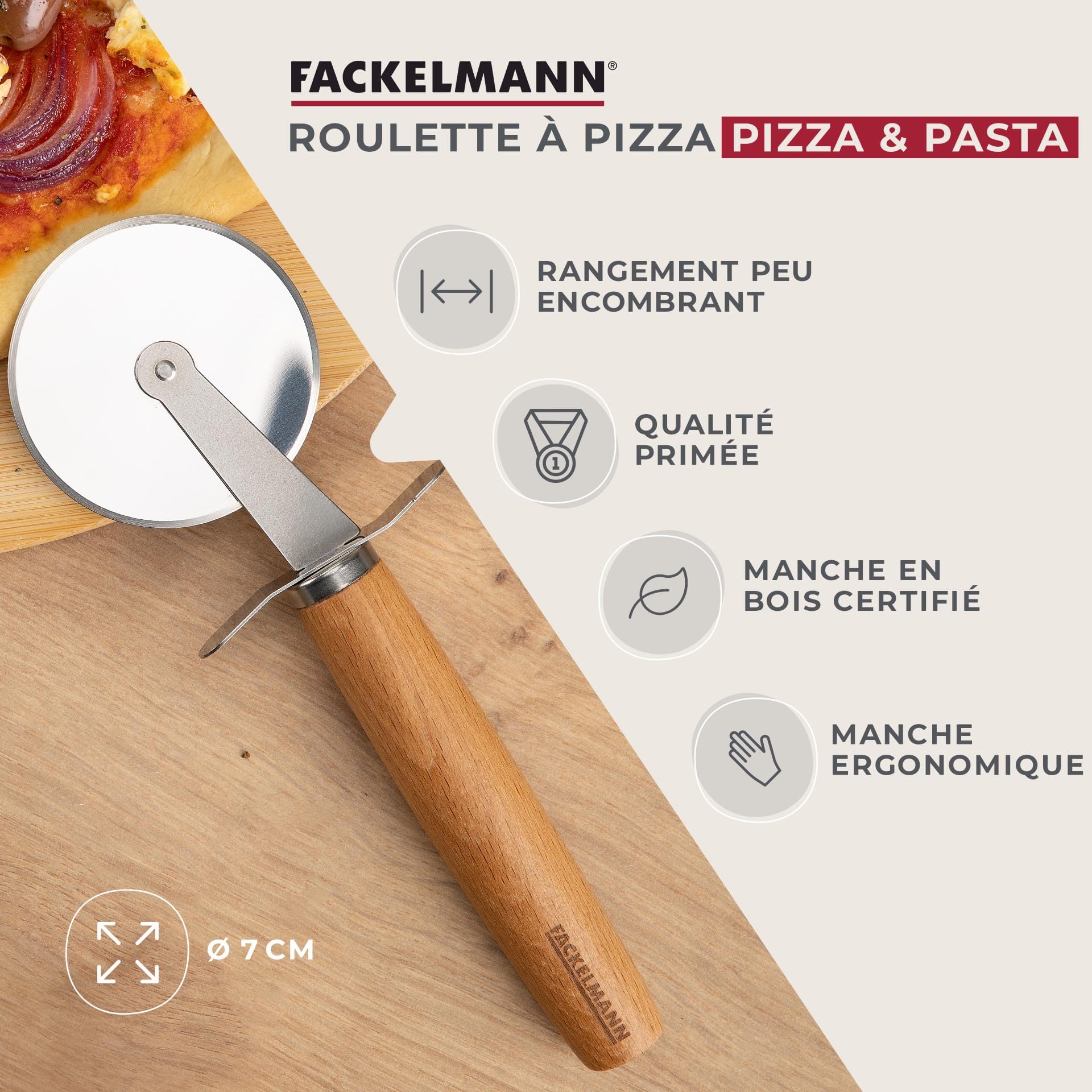 Fackelmann Krajalnica do pizzy i tart – koło do pizzy z ostrym ostrzem ze stali nierdzewnej – wałek do pizzy z ergonomicznym uchwytem z drewna bukowego – ok. 21 cm