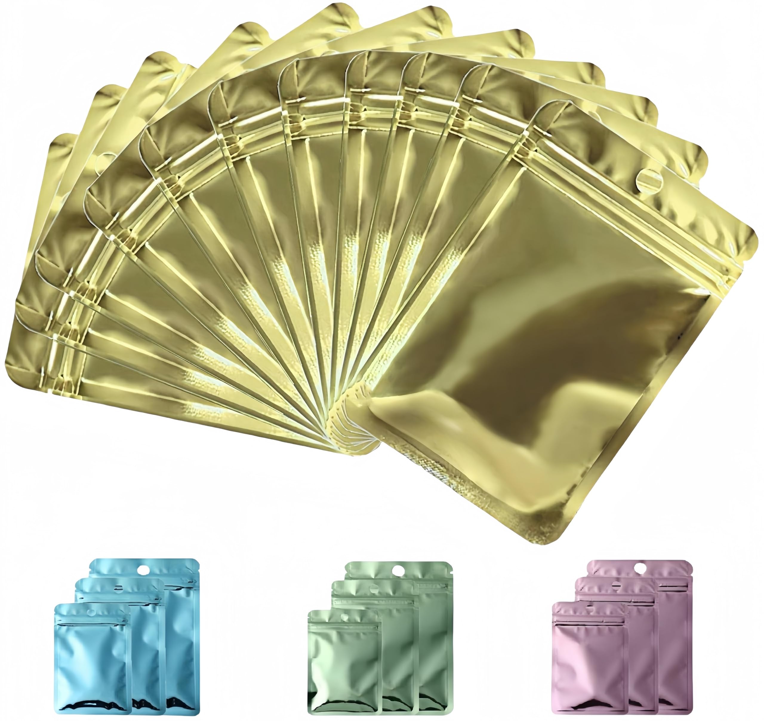 Rimiko Metallic Yellow 50Pcs Resealable Ziplock Mylar Bags With Hanging Hole, Clear Foil Sample Bags For Sample Packaging, Retail, Food And Items Storage (, 5.5"X 7.9")