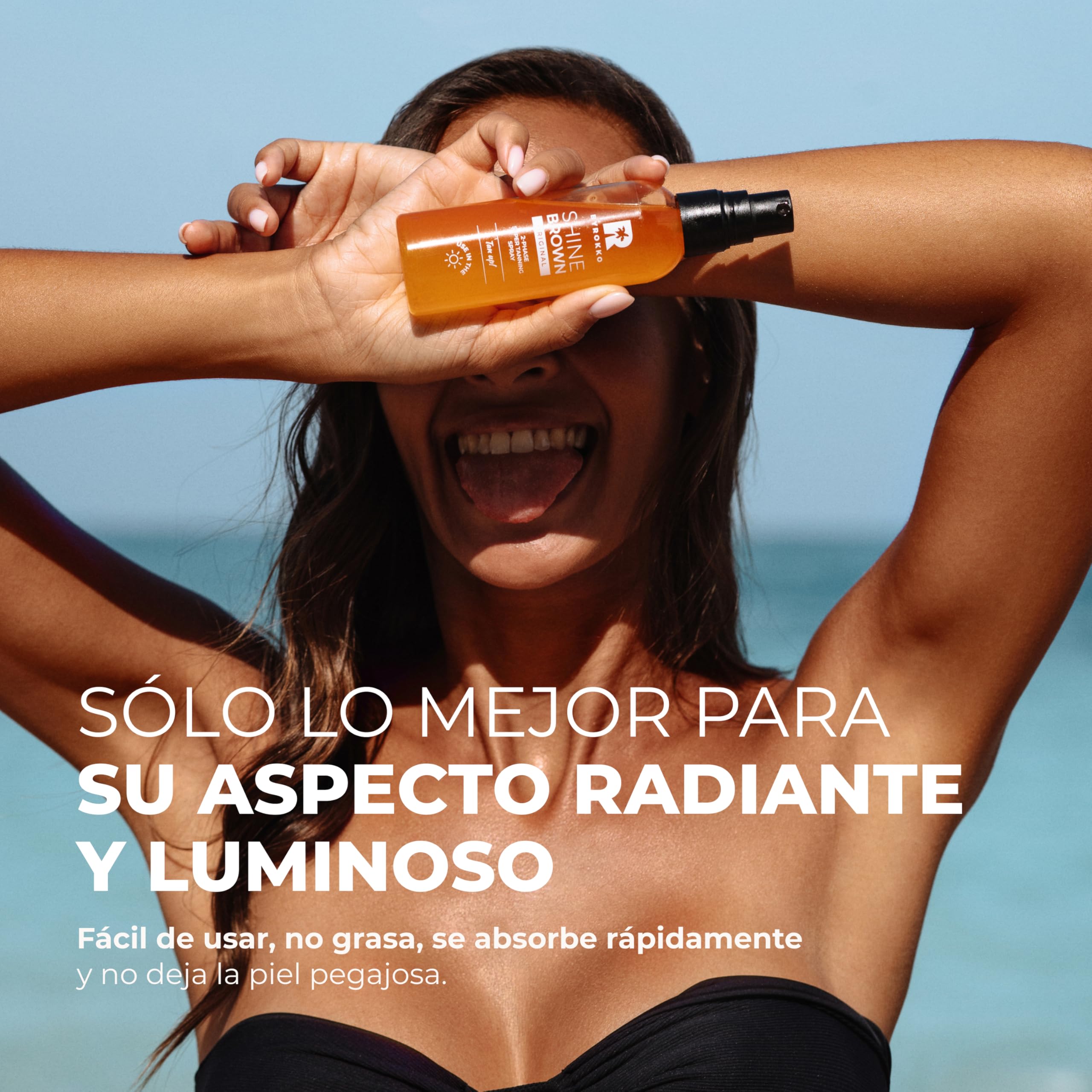 BYROKKO Shine Brown Spray Superbronceador Bifásico (100 ml), Eficaz en Solárium y al Sol, con Aceites Naturales y Ácido Hialurónico para un Bronceado más Intenso, con aroma a Mango soleado