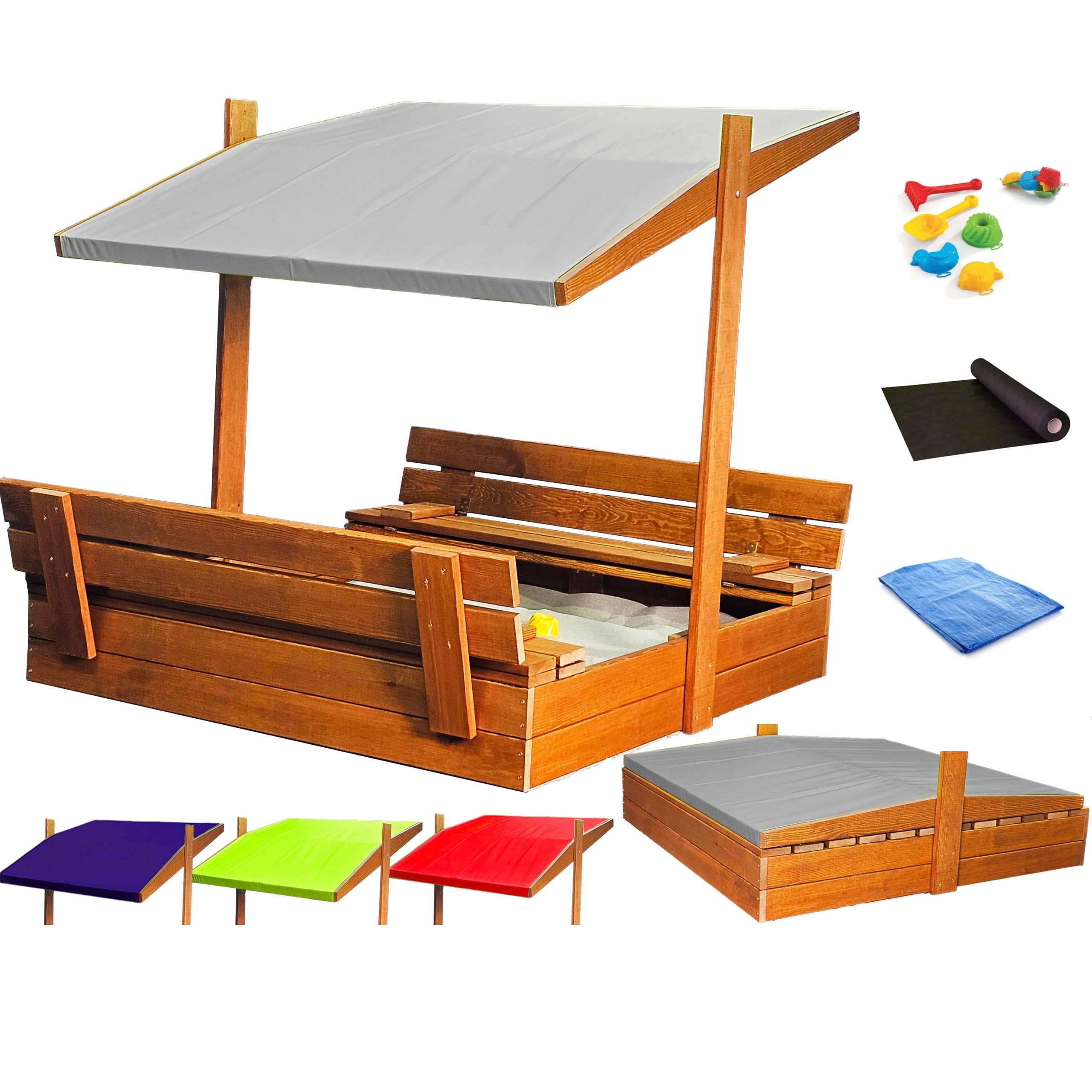 Sandkasten aus Holz mit Sitzbank, Dach und Abdeckung (Grau) – imprägniert