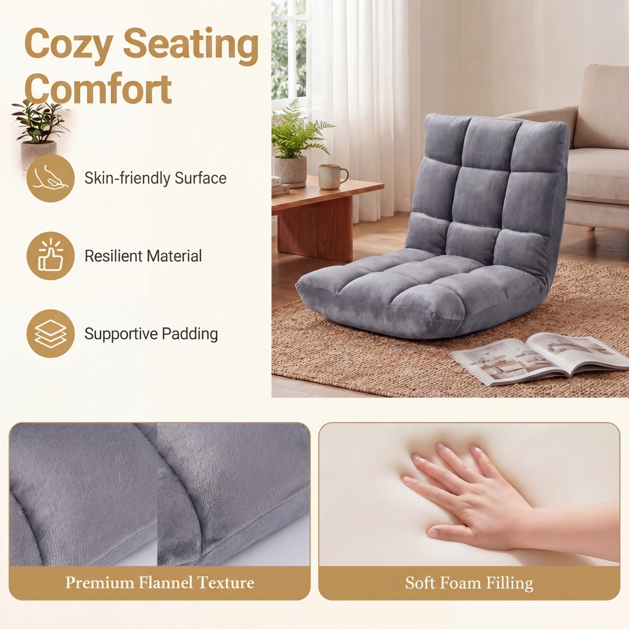 RELAX4LIFE Bodenstuhl Klappbar, Bodensessel mit Verstellbarer Rückenlehne & Liegefunktion, Relaxsessel faltbar, Bodensitz gepolstert, Meditationsstuhl, Floor Chair für Zuhause & Freizeit (Grau)