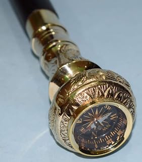FYNJREX Travelers Compass Gentleman's Walking Stick, 36 Inch, Brass Handle and Hardwood Cane, Victorian Handle Designer Antique Wooden Compass Handle Walking Stick Vintage Cane | Brass Compass